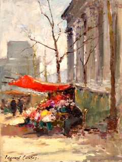 Flower Market - Impressionist Oil, Figures in Cityscape by Edouard Cortès