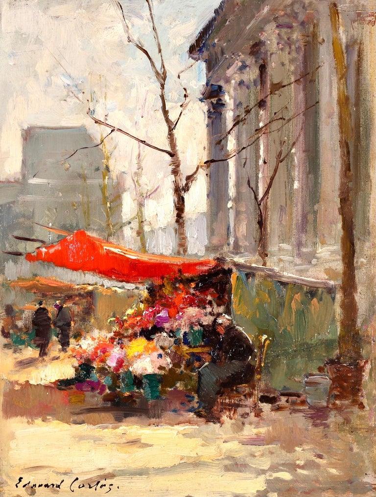 Flower Market - Impressionist Oil, Figures in Cityscape by Edouard Cortès - Painting by Édouard Leon Cortès