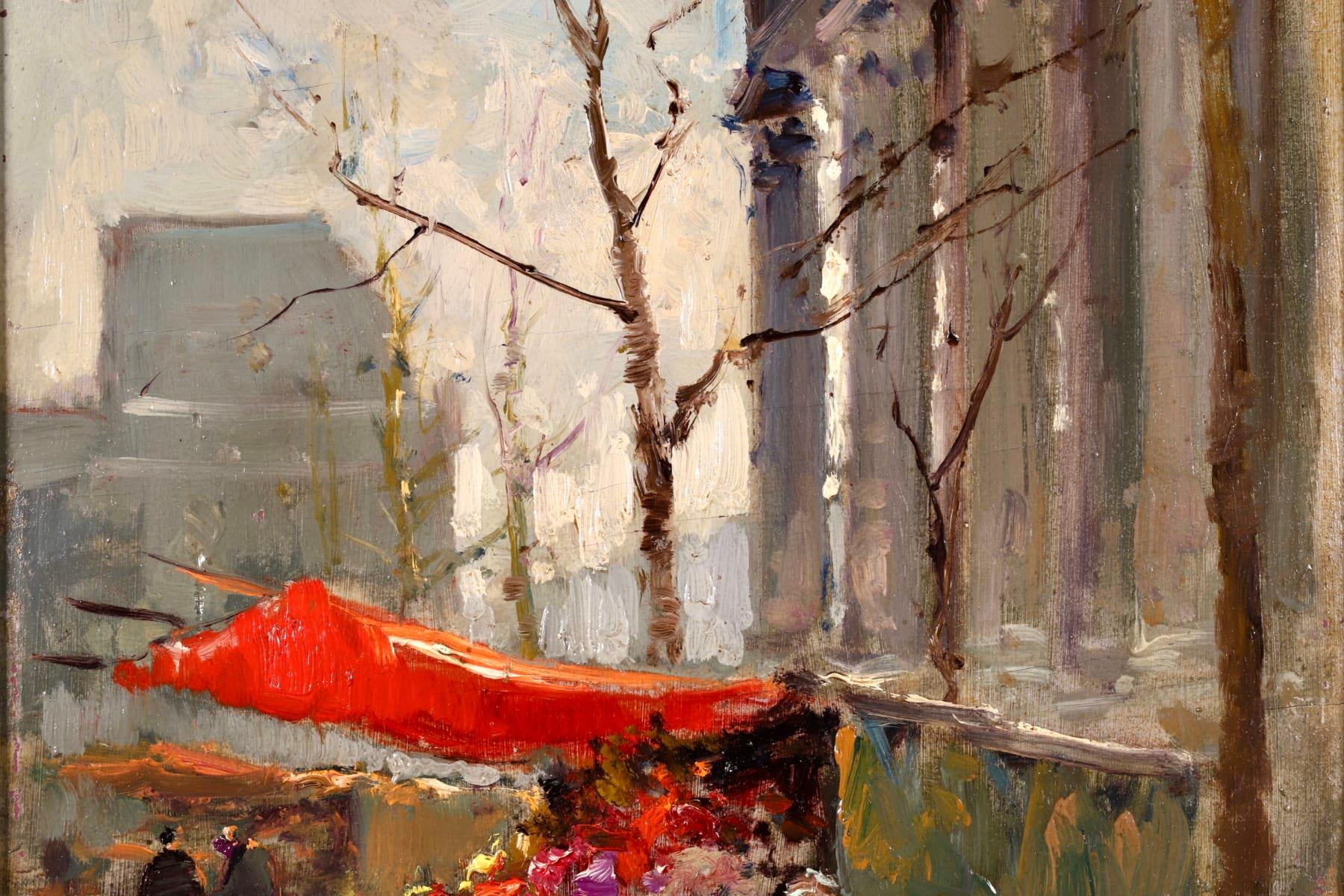 Marché aux fleurs - Huile impressionniste:: Figures dans un paysage urbain par Edouard Cortès - Beige Landscape Painting par Édouard Leon Cortès