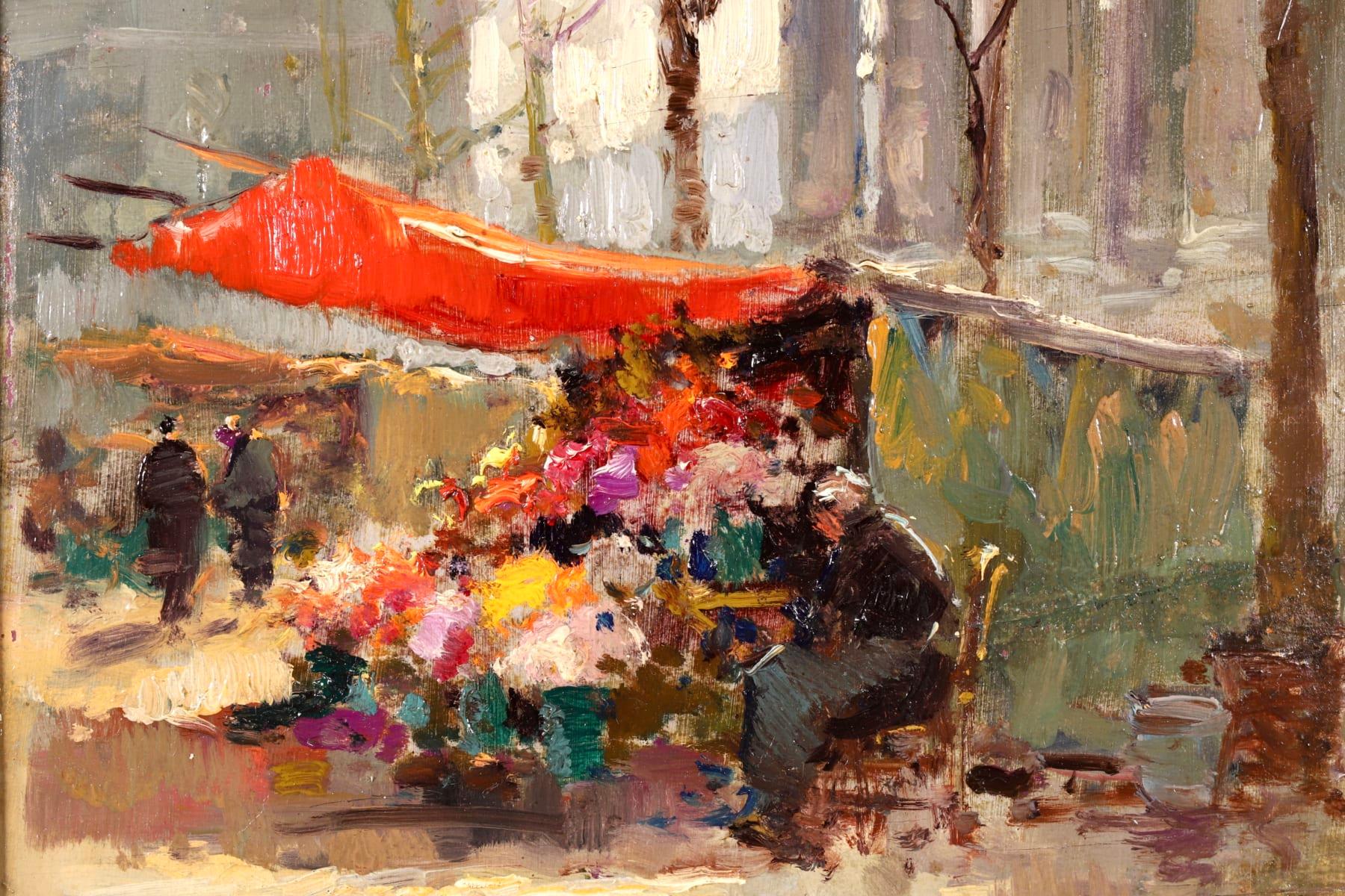 A beautiful oil on panel circa 1930 by sought after French impressionist painter Edouard Leon Cortes. The piece depicts a flower marker seller outside Madeleine Church in Paris, France on a winter's day with the bare trees visible behind the