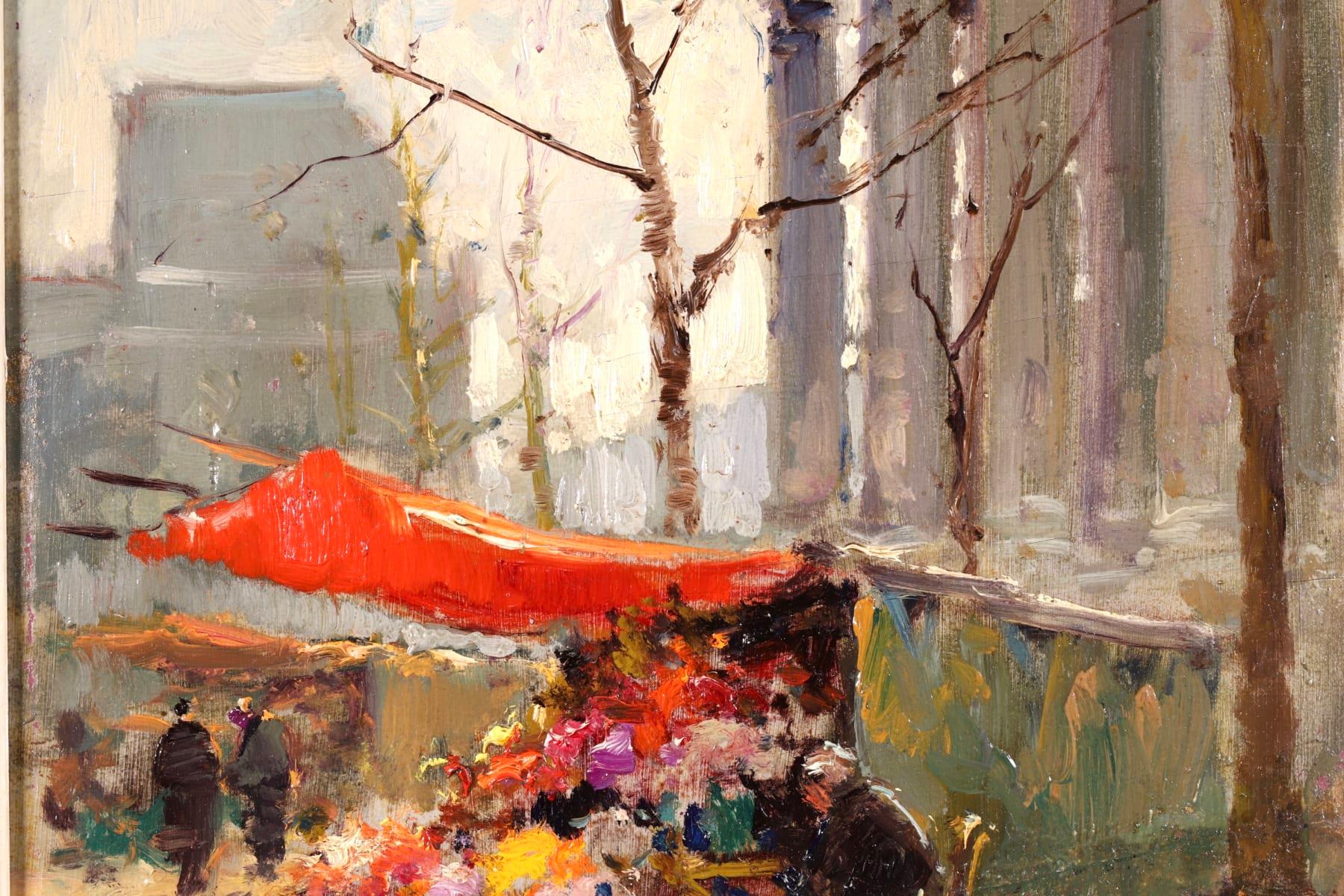 Flower Market - Impressionist Oil, Figures in Cityscape by Edouard Cortès 1