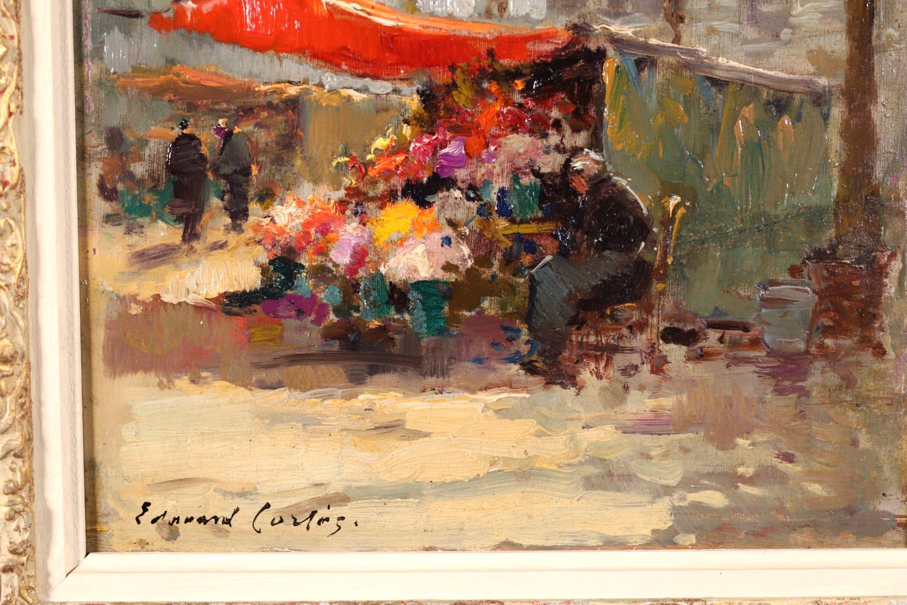 Flower Market - Impressionist Oil, Figures in Cityscape by Edouard Cortès 2
