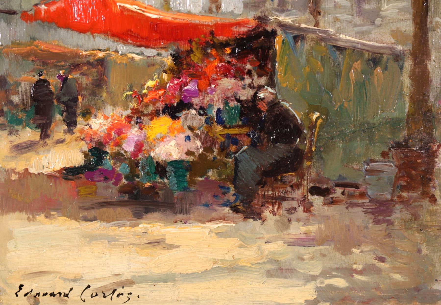 Flower Market - Impressionist Oil, Figures in Cityscape by Edouard Cortès 3