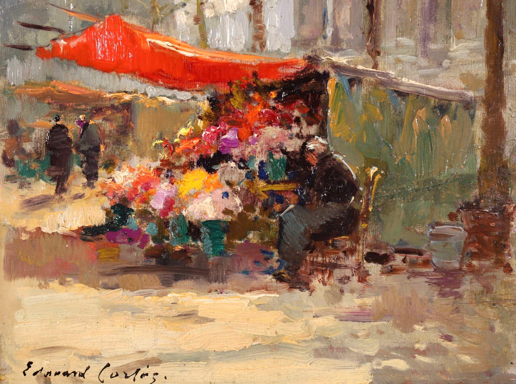 Flower Market - Impressionist Oil, Figures in Cityscape by Edouard Cortès 4