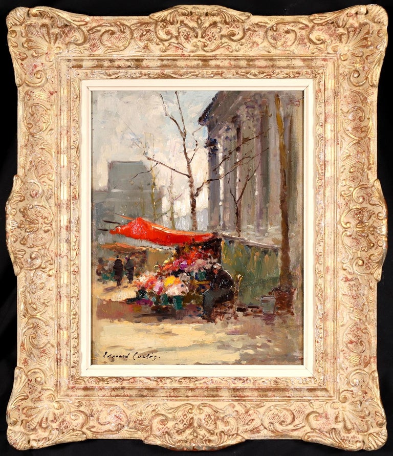 Édouard Leon Cortès Landscape Painting - Flower Market - Impressionist Oil, Figures in Cityscape by Edouard Cortès