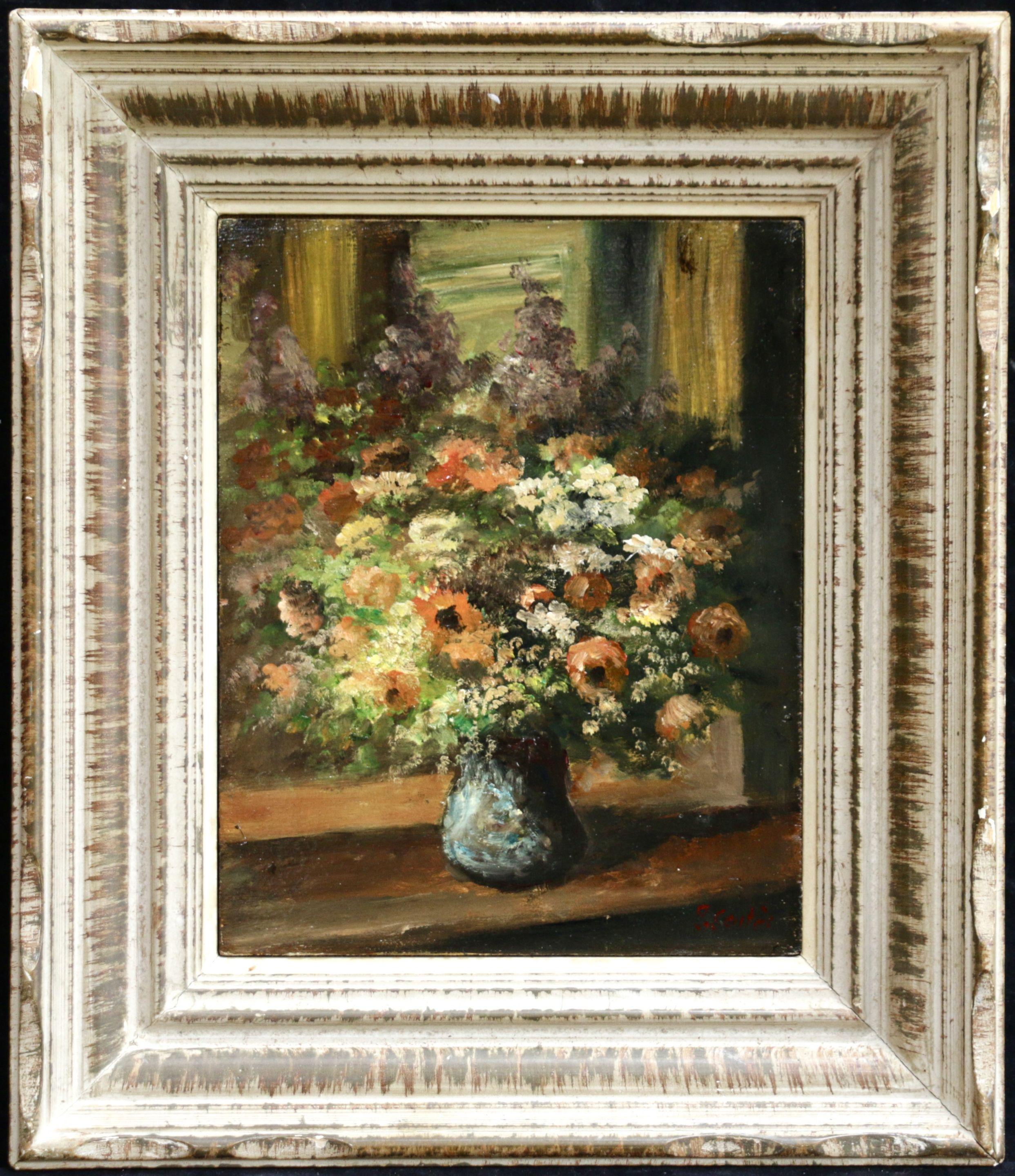 Flowers - 20th Century Oil, Still Life of Flowers in Interior by Edouard Cortes - Painting by Édouard Leon Cortès
