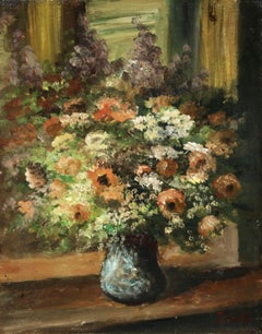 Flowers - 20th Century Oil, Still Life of Flowers in Interior by Edouard Cortes