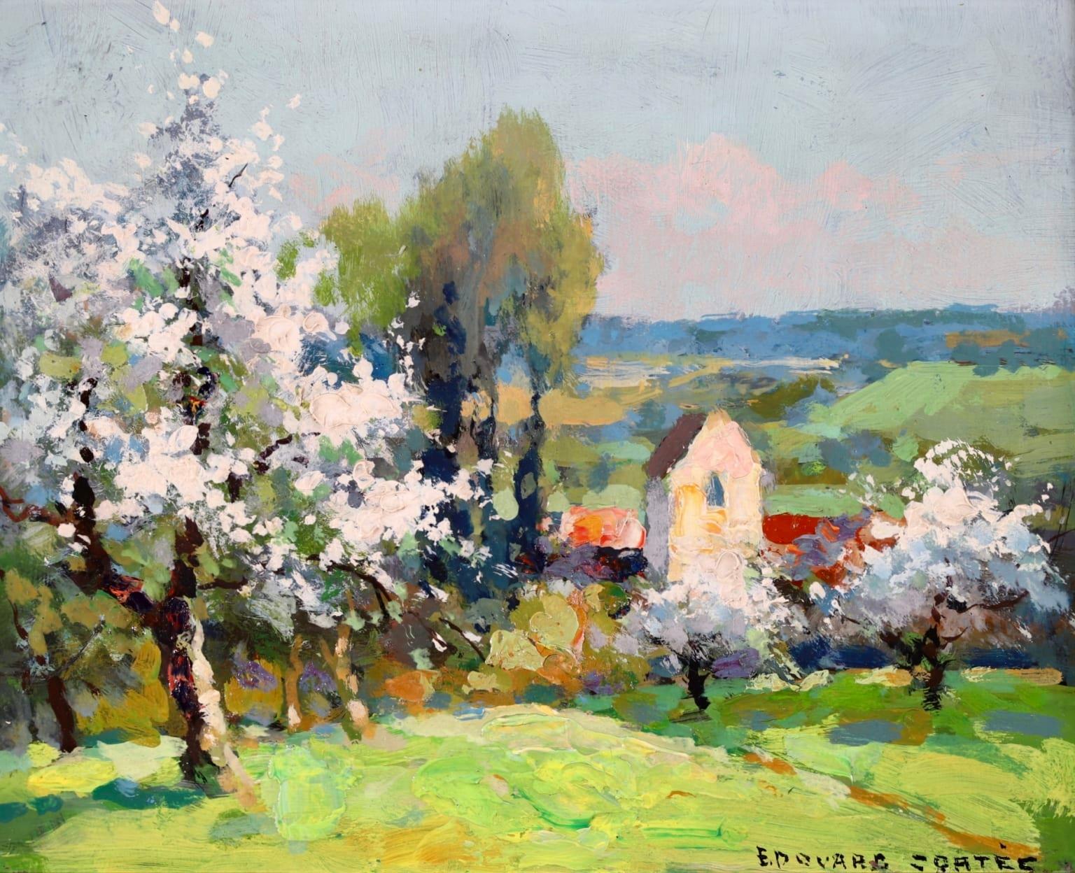 Hamlet in Spring - French Impressionist Oil, Landscape by Edouard Cortes - Painting by Édouard Leon Cortès