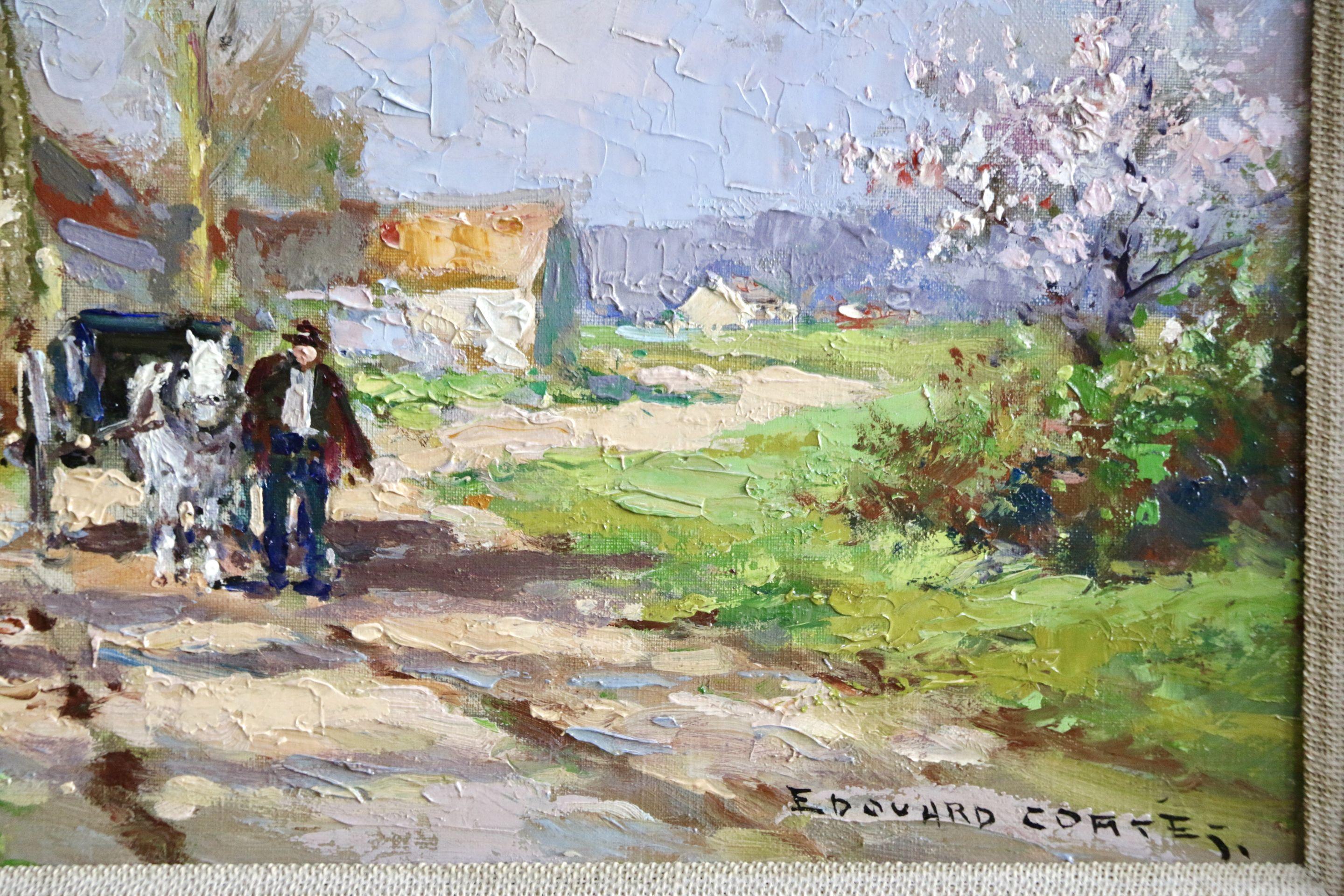 Horse & Cart on Country Road- 20th Century Oil, Figure on Path by Edouard Cortes - Painting by Édouard Leon Cortès