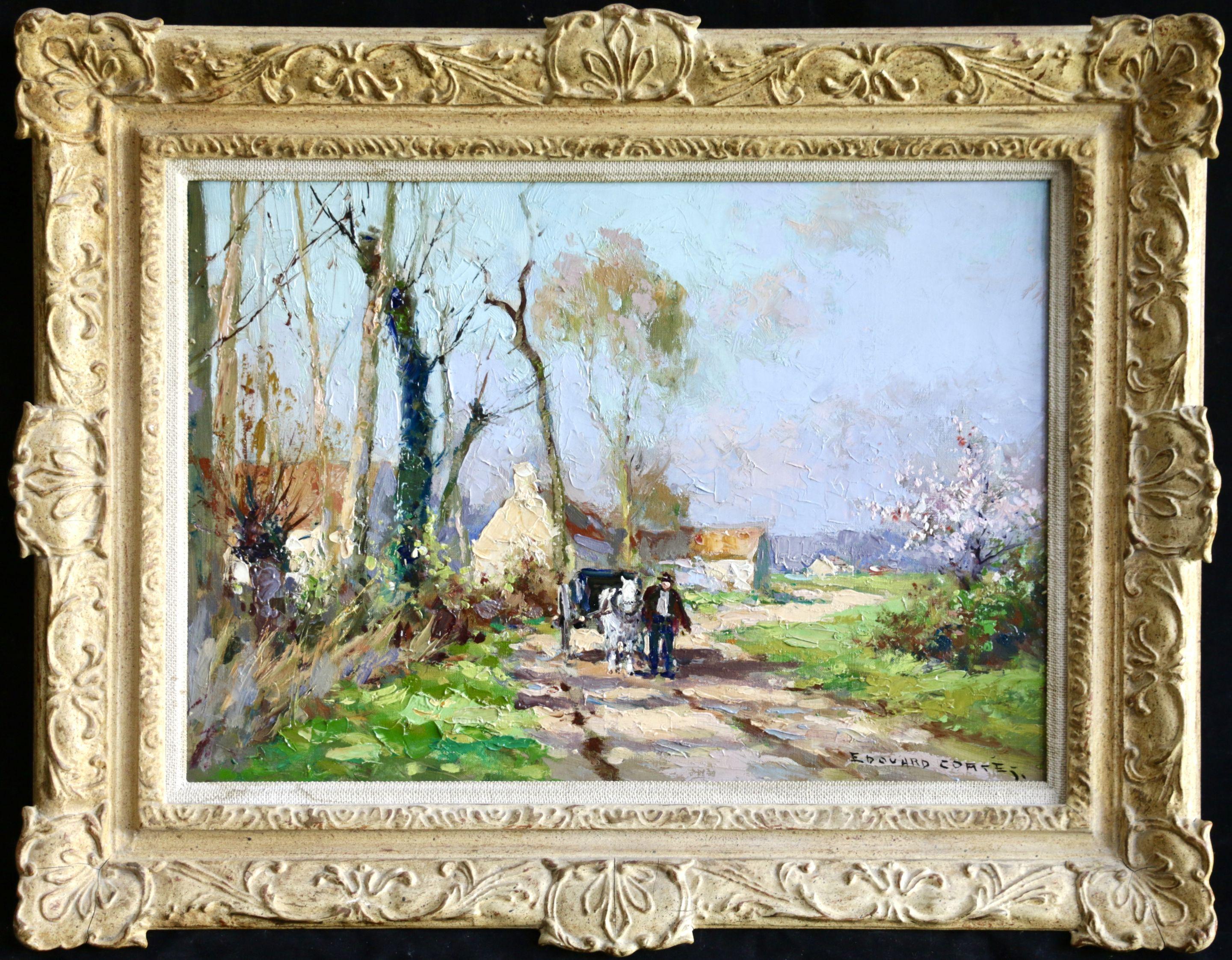 Édouard Leon Cortès Animal Painting - Horse & Cart on Country Road- 20th Century Oil, Figure on Path by Edouard Cortes