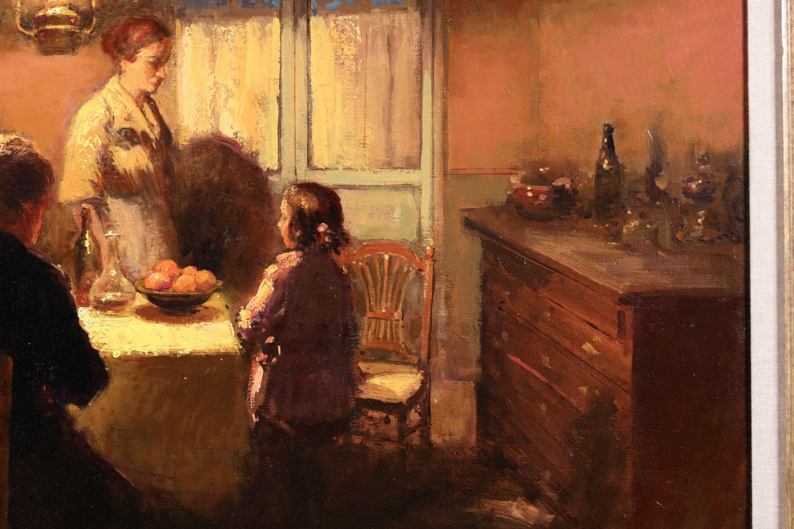 Interieur - Effet de Lampe - Óleo interior impresionista de Edouard Cortes - Figurative Painting Marrón de Édouard Leon Cortès