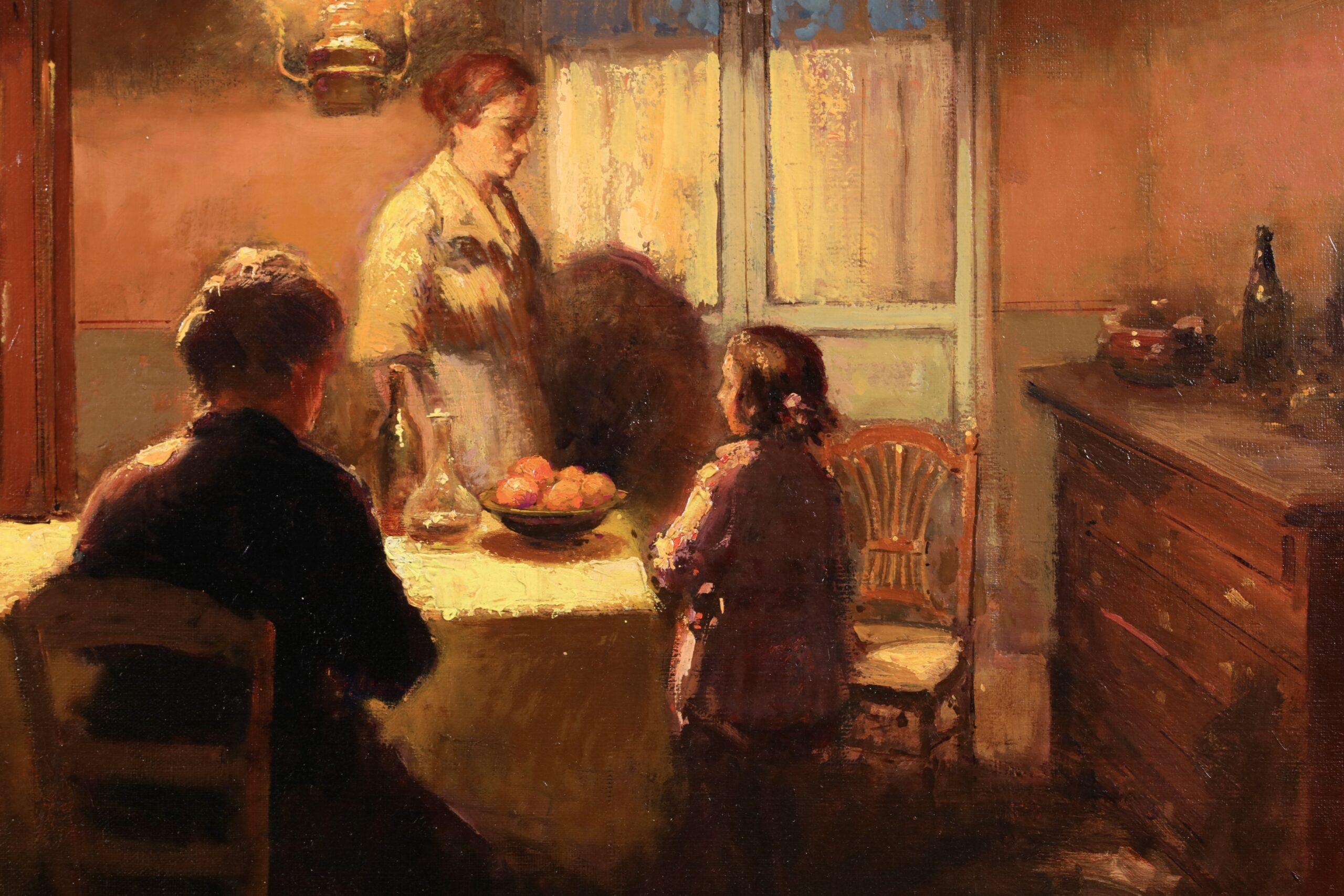 Figuras en interiores firmadas al óleo sobre lienzo hacia 1920 por el cotizado pintor impresionista francés Edouard Leon Cortes. Esta encantadora y nostálgica obra representa a una familia en una típica escena de cocina bretona. Una anciana está