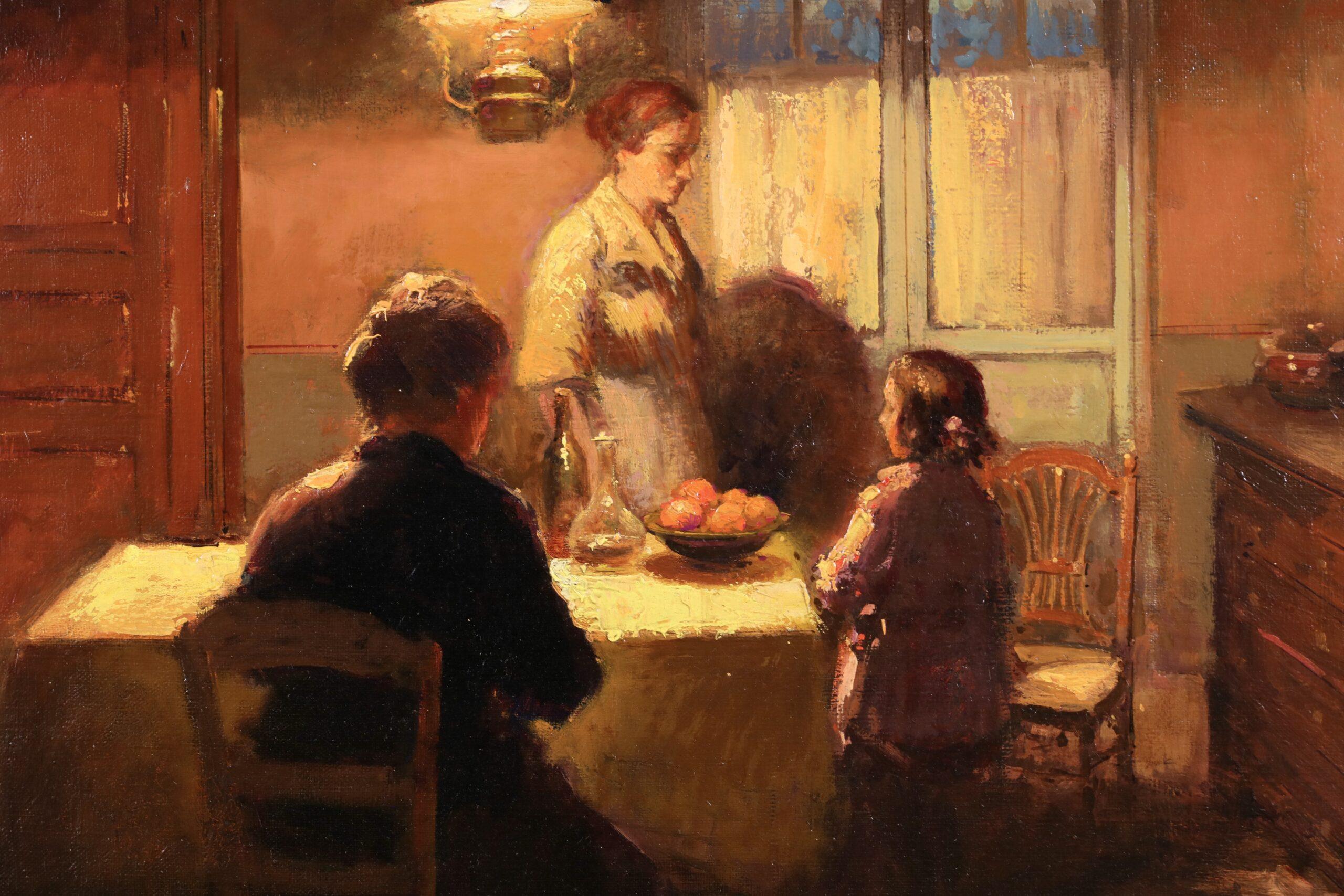 Interieur - Effet de Lampe - Óleo interior impresionista de Edouard Cortes en venta 1