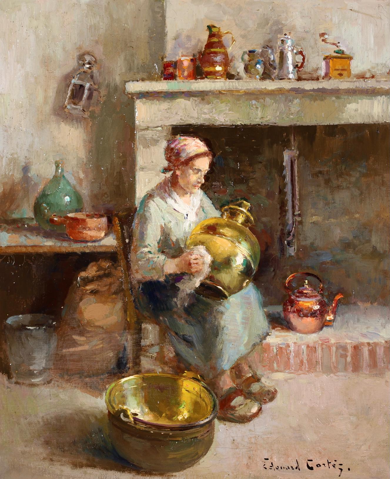 La Recureuse - Impressionist Figure in Interior Oil Painting by Edouard Cortes - Beige Interior Painting by Édouard Leon Cortès