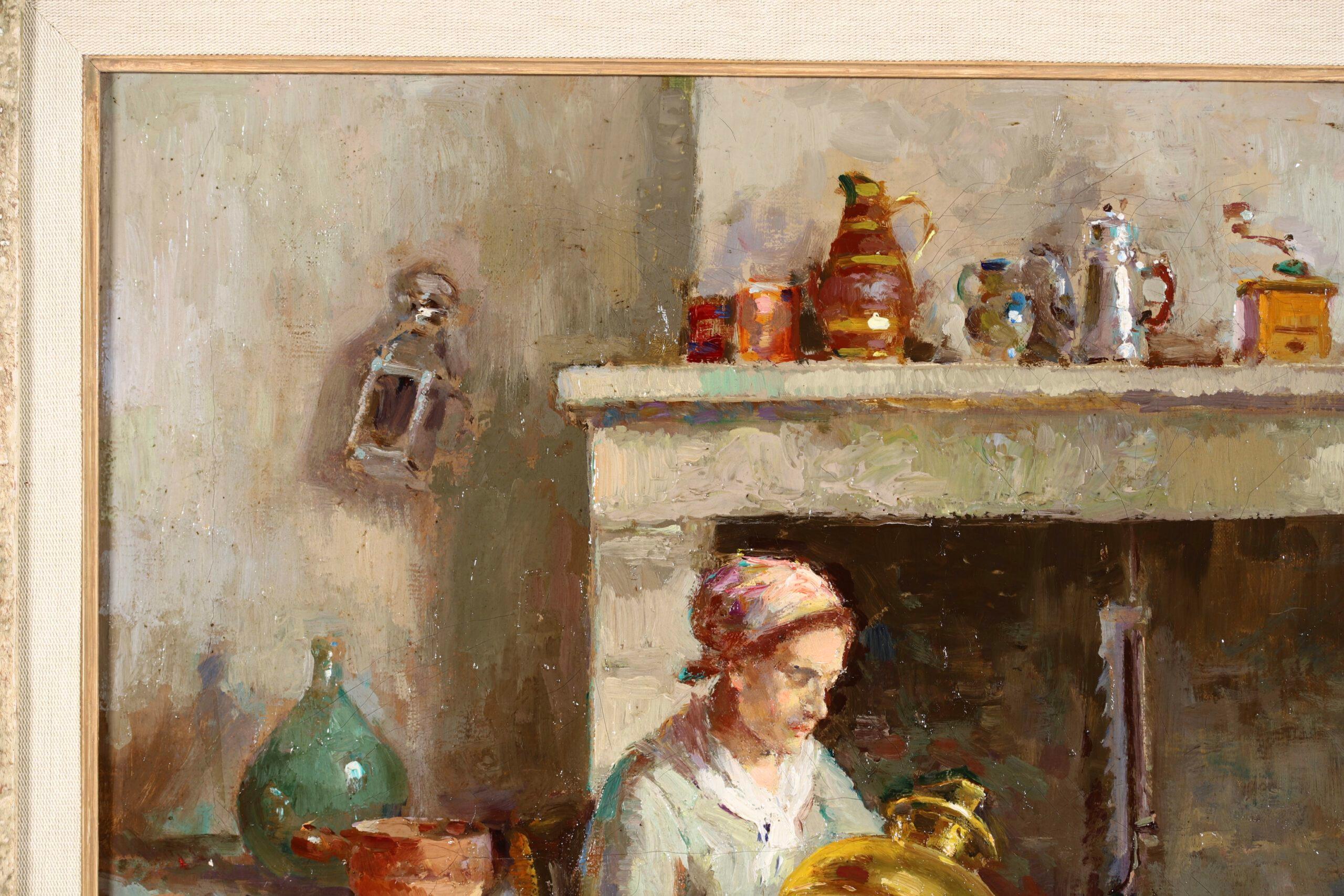 Signed figure in interior oil on canvas circa 1920 by sought after French impressionist painter Edouard Leon Cortes. This charming and nostalgic work depicts a lady is seated by a fire place polishing brass and copper pots. 

Signature:
Signed lower