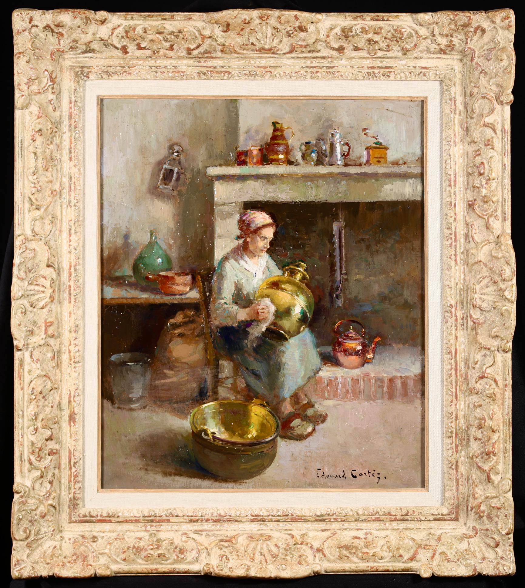 Édouard Leon Cortès Interior Painting - La Recureuse - Impressionist Figure in Interior Oil Painting by Edouard Cortes