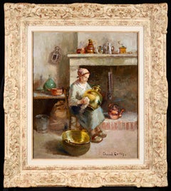 La Recureuse - Figure impressionniste dans son intérieur, peinture à l'huile d'Edouard Cortes