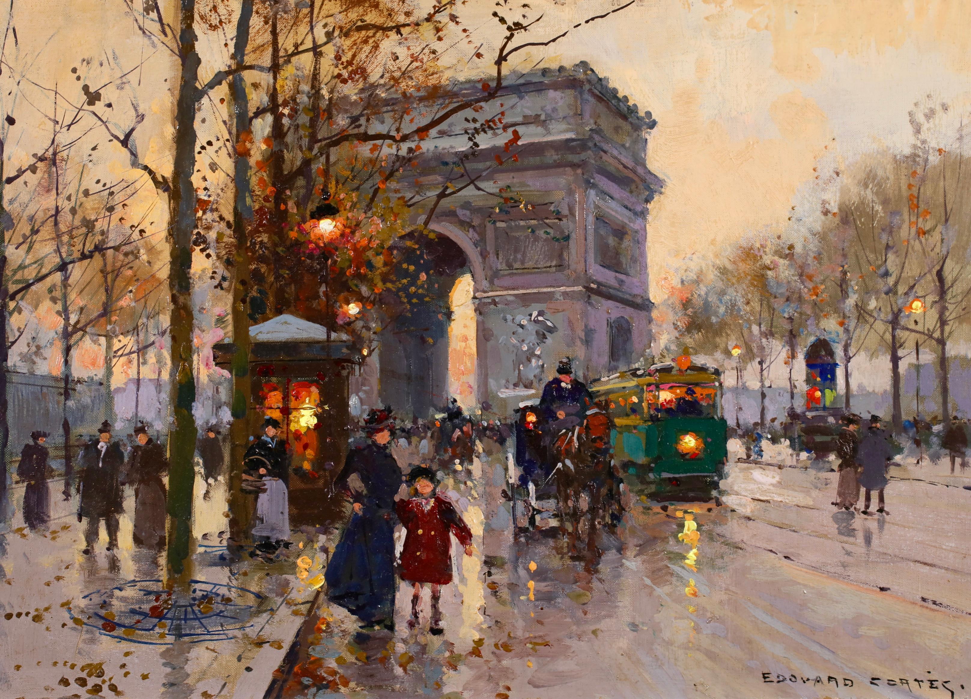 L'Arc de Triomphe - Le Soir - Impressionist Landscape Oil by Edouard Cortes – Painting von Édouard Leon Cortès