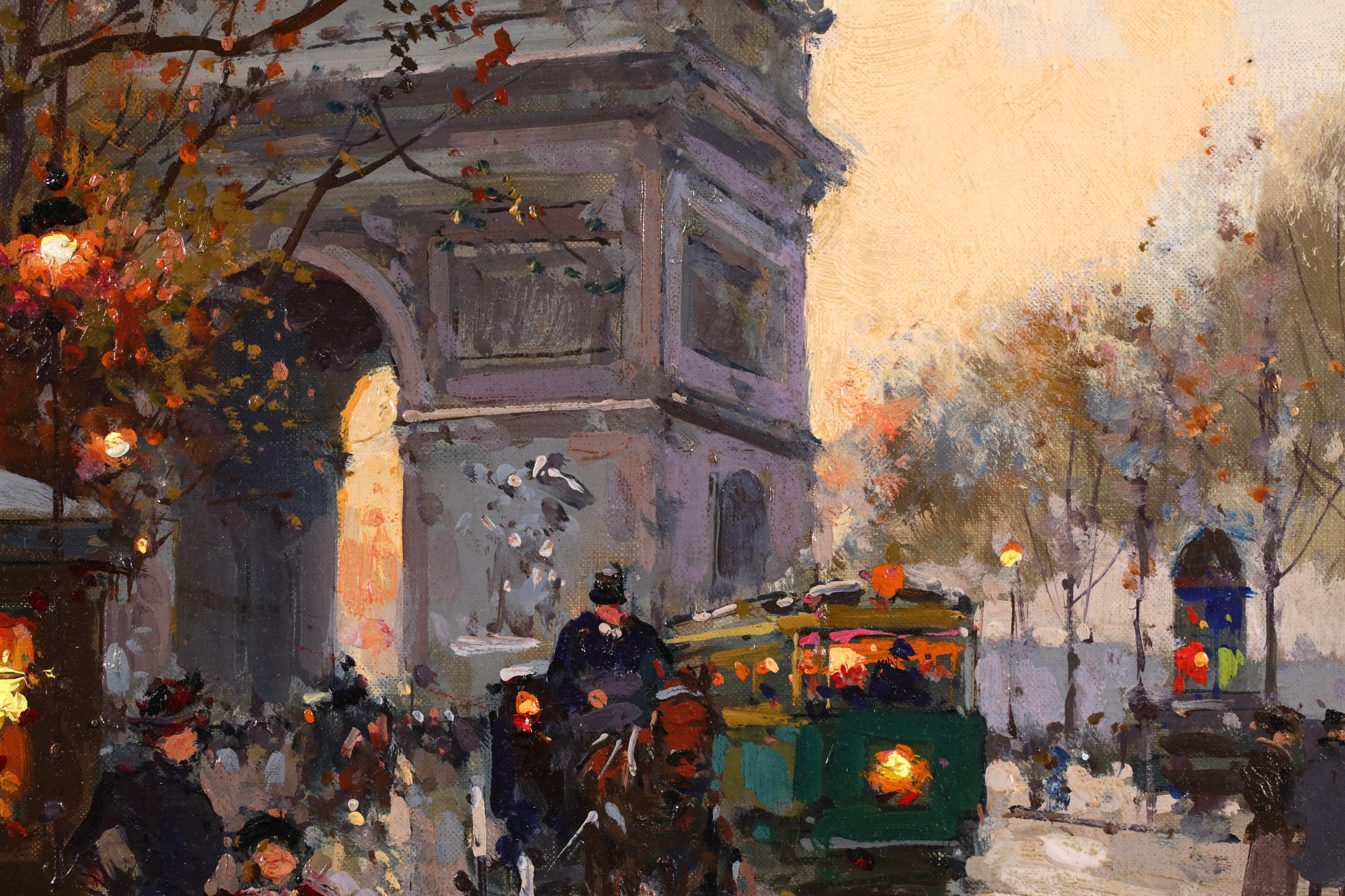 Signed oil on canvas board figures in cityscape circa 1940 by sought after French impressionist painter Edouard Cortes. The work depicts an autumnal scene of the the Arc de Triomphe, a Parisian monument, in the evening. The last of the leaves have