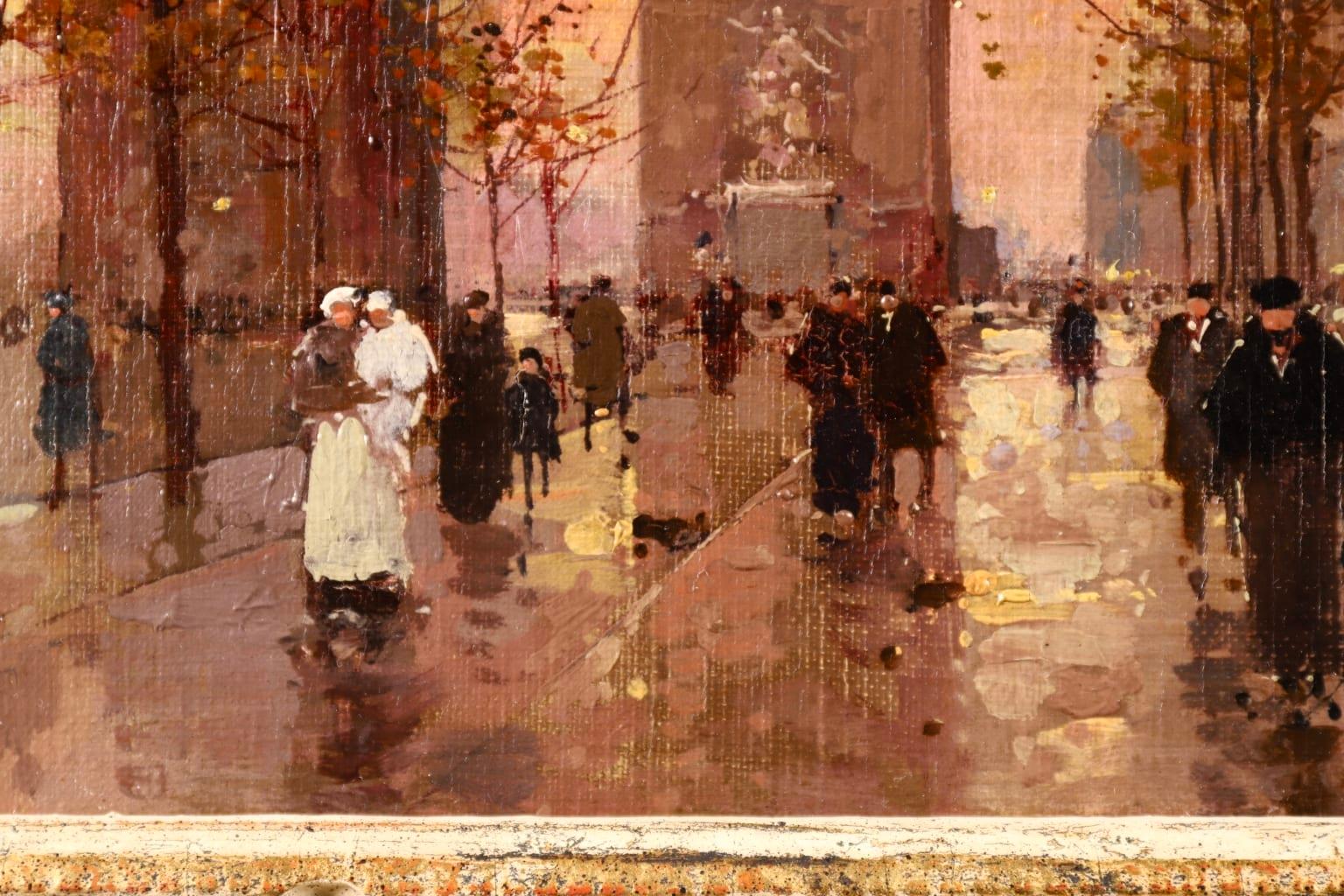L'Arc de Triomphe - Soir - 20th Century Oil, Figures in Cityscape by E L Cortès 3