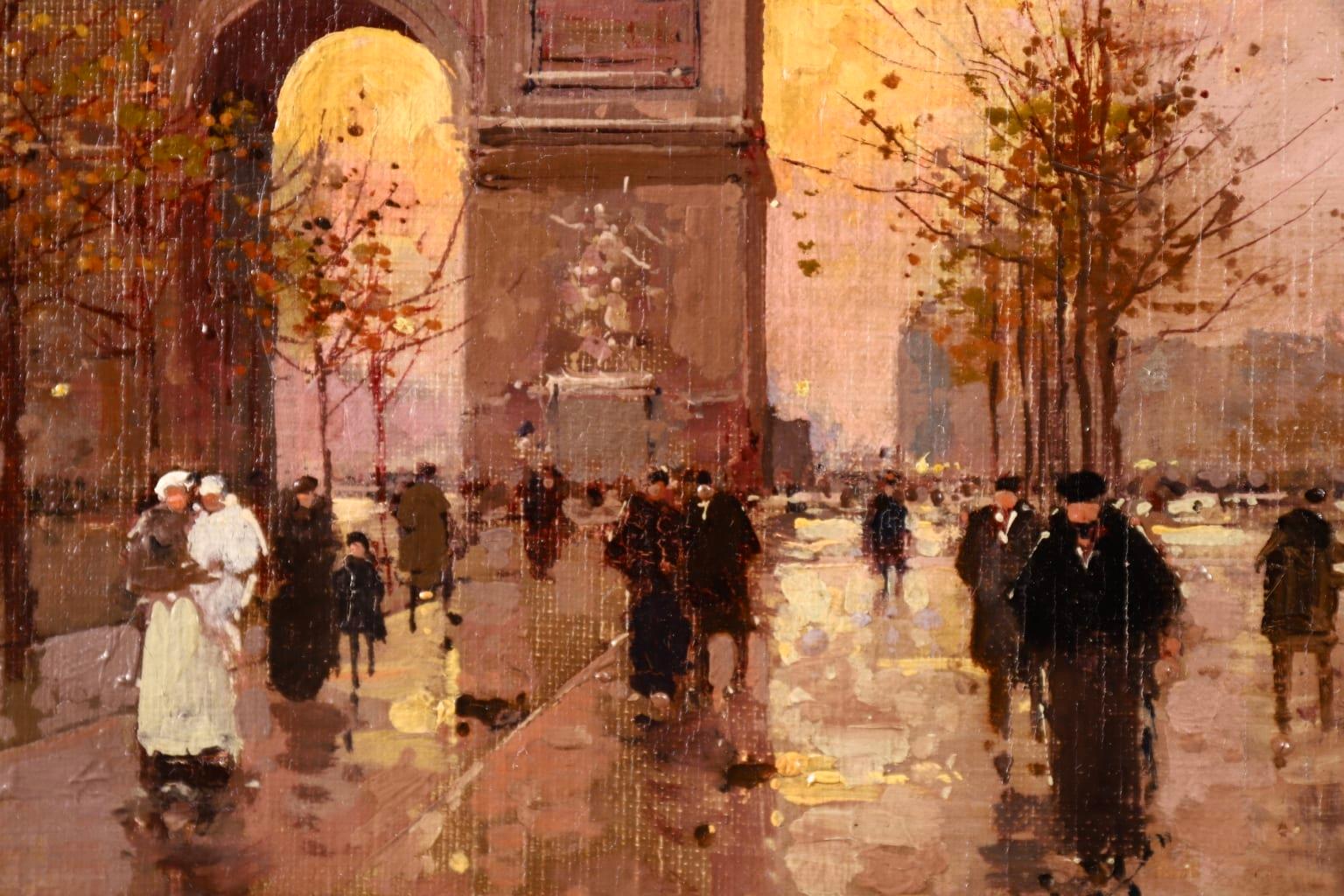 L'Arc de Triomphe - Soir - 20th Century Oil, Figures in Cityscape by E L Cortès 4