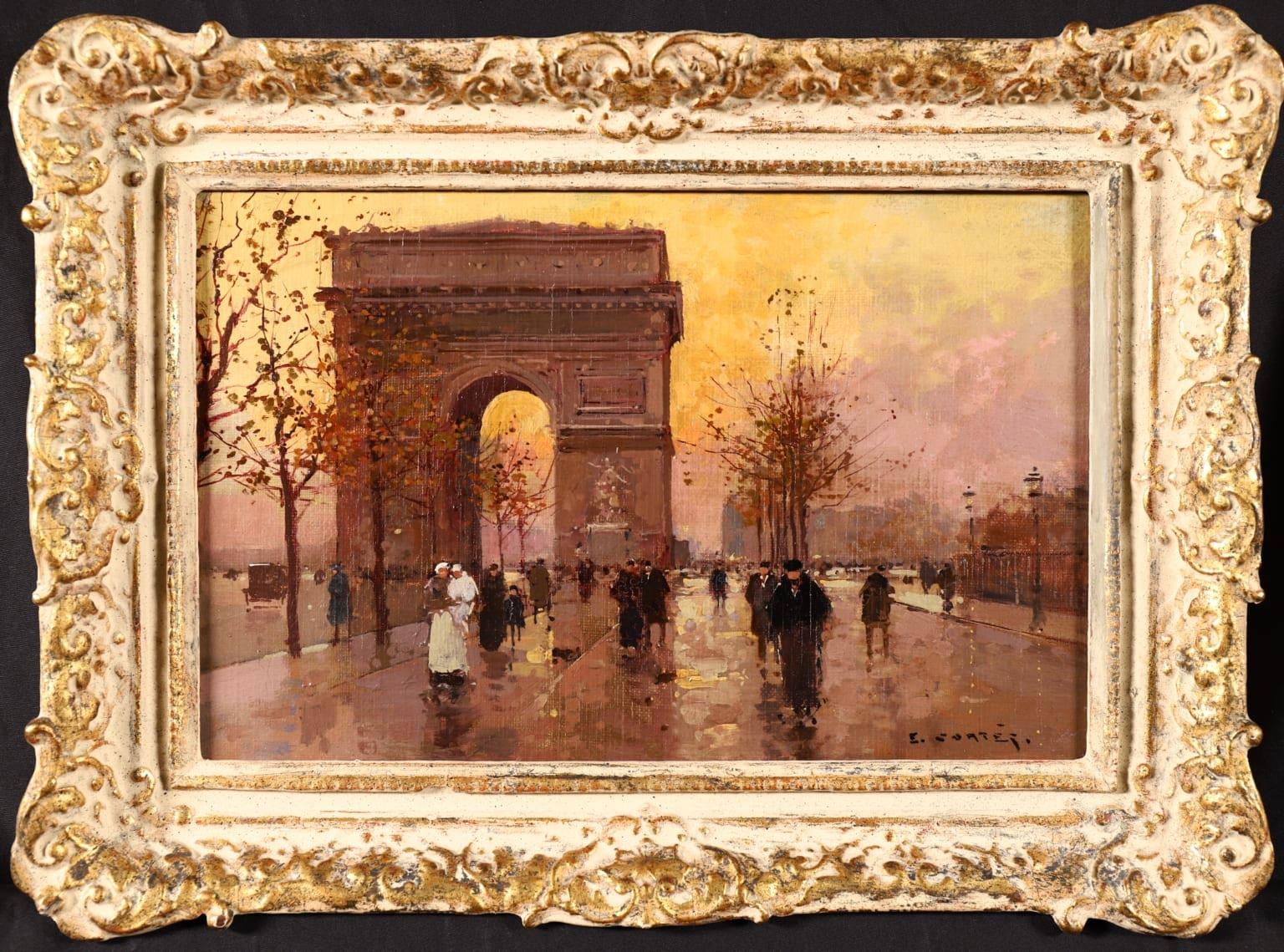 L'Arc de Triomphe - Soir - 20th Century Oil, Figures in Cityscape by E L Cortès - Painting by Édouard Leon Cortès