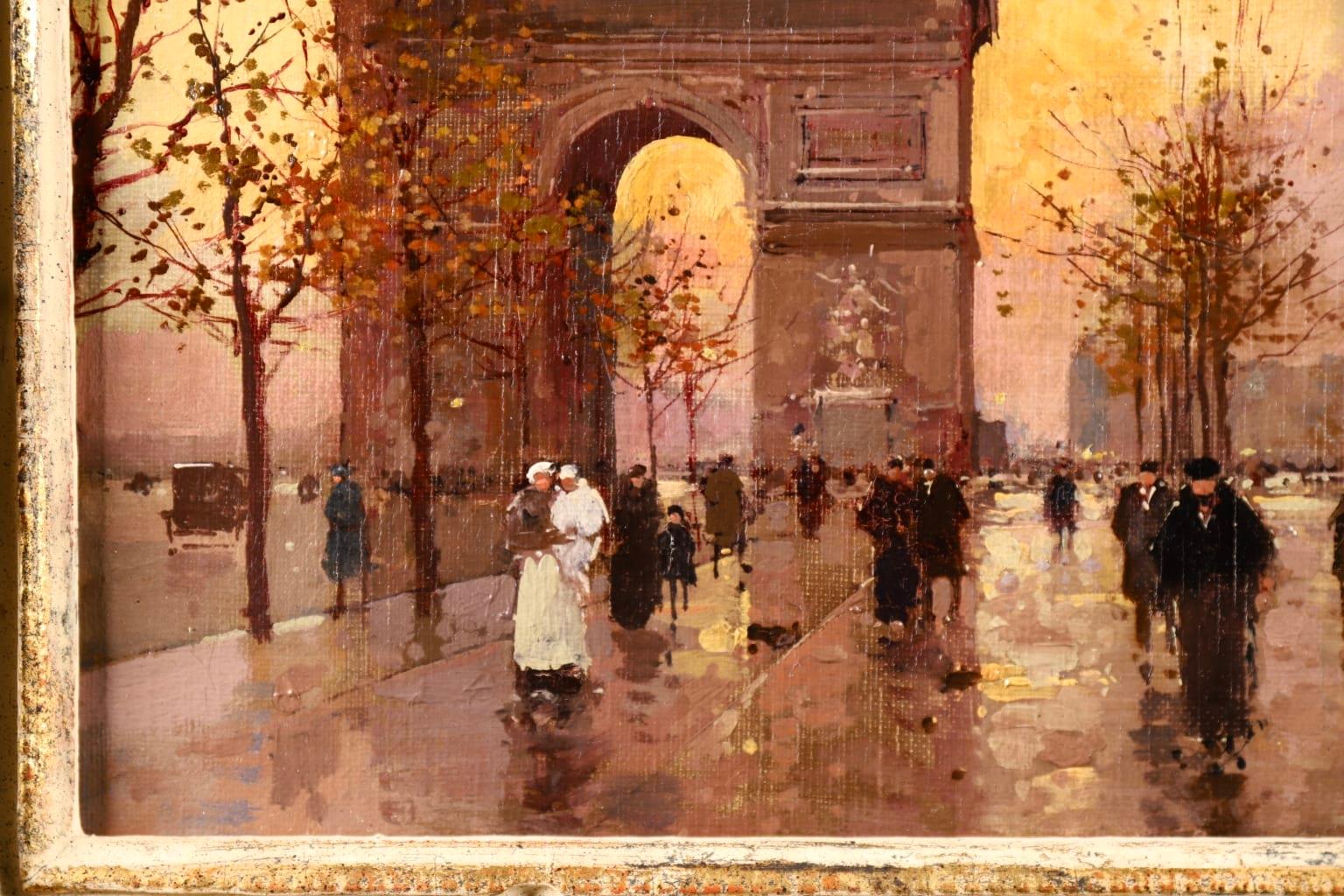 L'Arc de Triomphe - Soir - 20th Century Oil, Figures in Cityscape by E L Cortès - Impressionist Painting by Édouard Leon Cortès