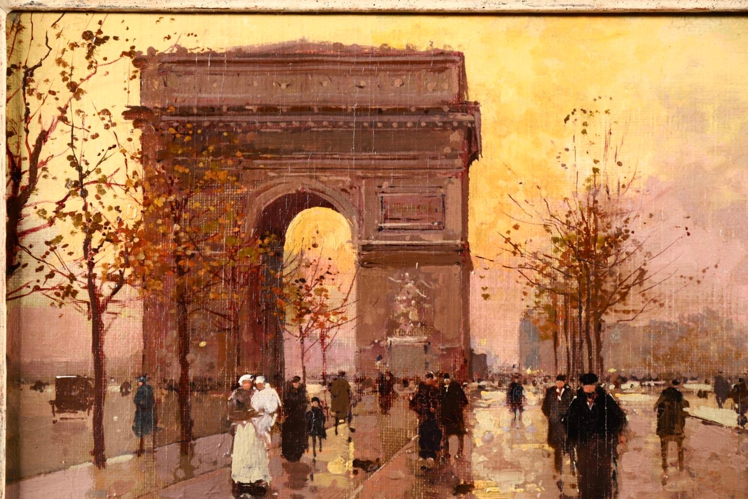 L'Arc de Triomphe - Soir - 20th Century Oil, Figures in Cityscape by E L Cortès - Brown Figurative Painting by Édouard Leon Cortès