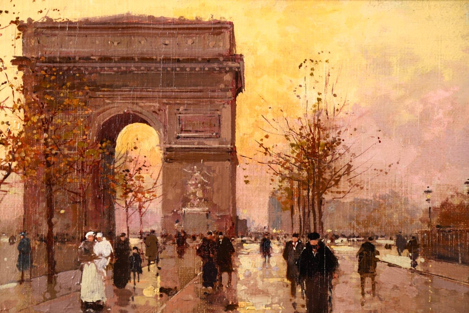A wonderful oil on original canvas circa 1930 by sought after French impressionist painter Edouard Leon Cortes depicting figures not the street by the Arc de Triomphe in Paris, France on what looks to be a cold autumn evening in the city. The sun is