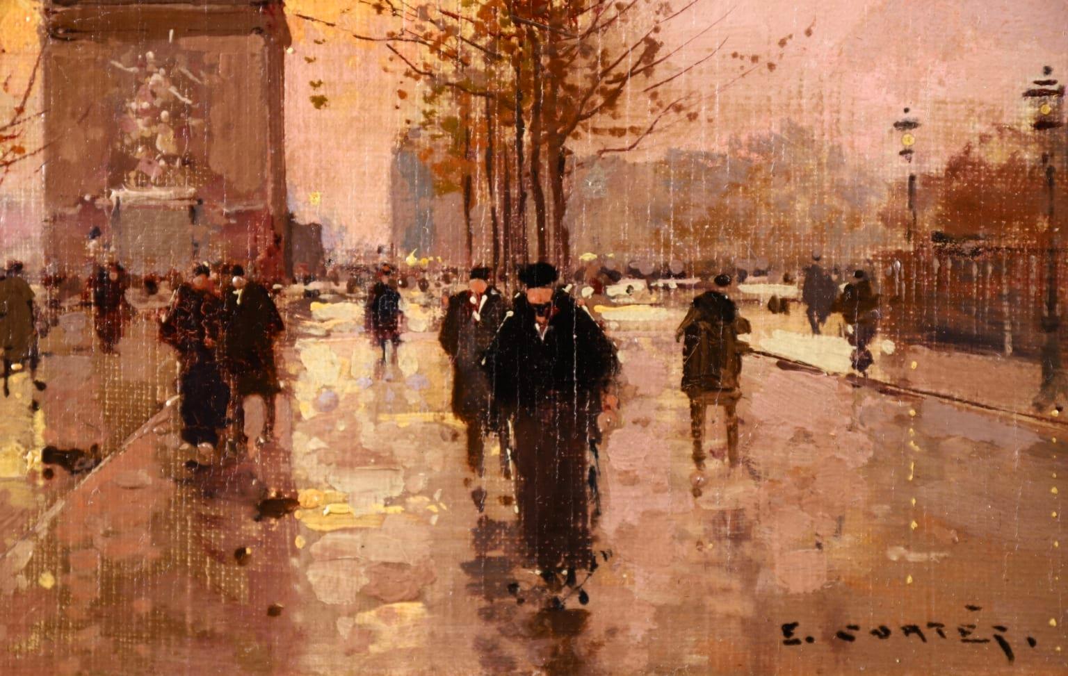 L'Arc de Triomphe - Soir - 20th Century Oil, Figures in Cityscape by E L Cortès 1