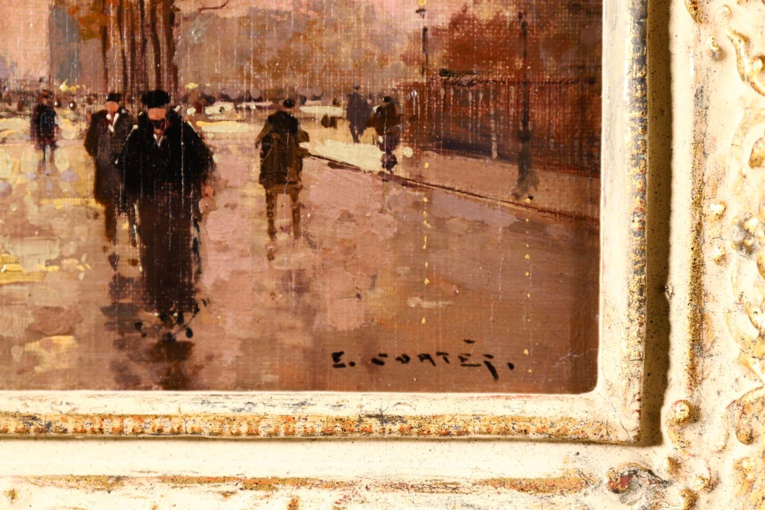 L'Arc de Triomphe - Soir - 20th Century Oil, Figures in Cityscape by E L Cortès 2