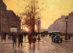 L'Arc de Triomphe - Soir - 20th Century Oil, Figures in Cityscape by E L Cortès