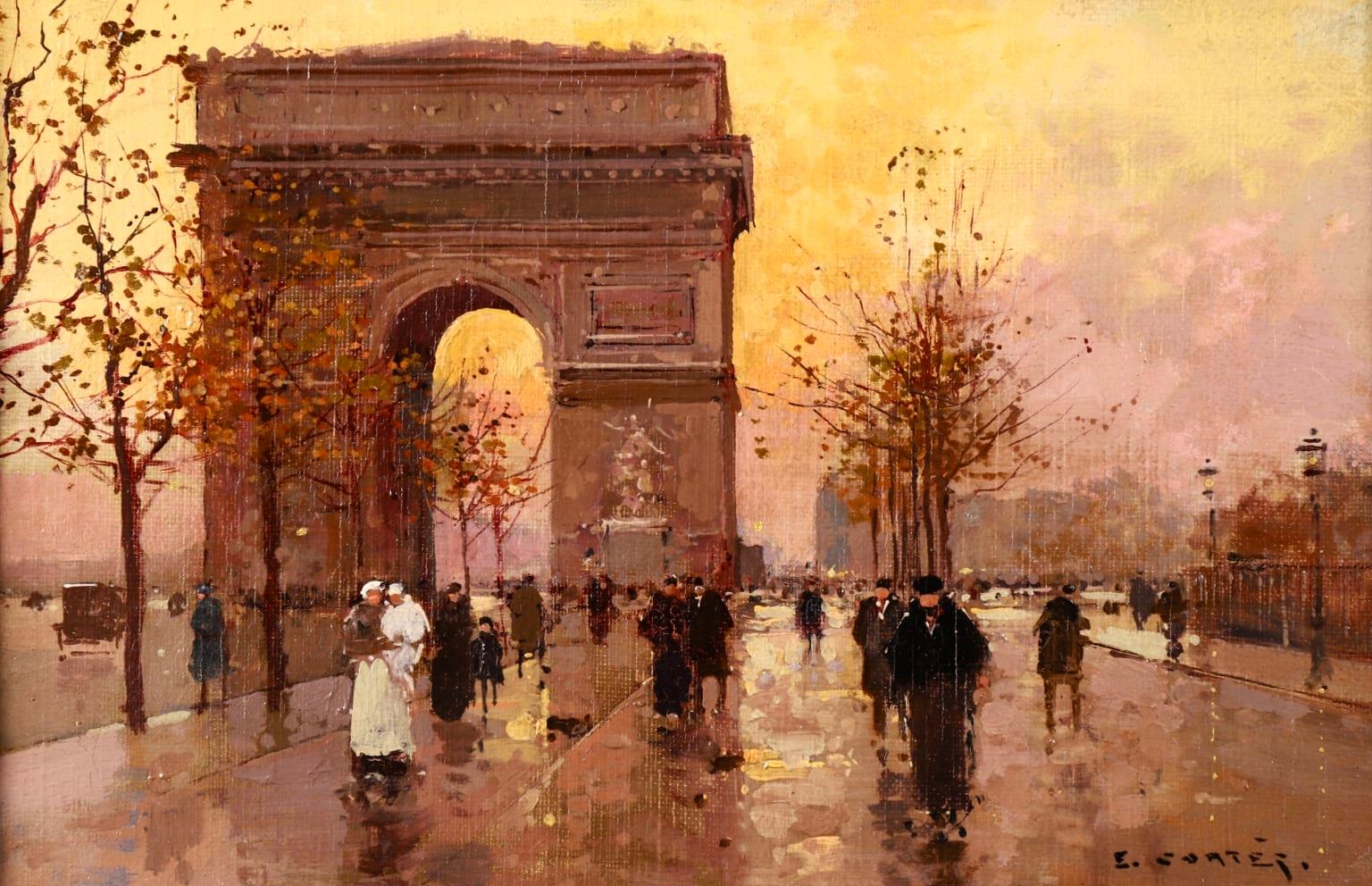 Édouard Leon Cortès Figurative Painting - L'Arc de Triomphe - Soir - 20th Century Oil, Figures in Cityscape by E L Cortès