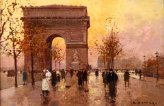 L'Arc de Triomphe - Soir - 20th Century Oil, Figures in Cityscape by E L Cortès