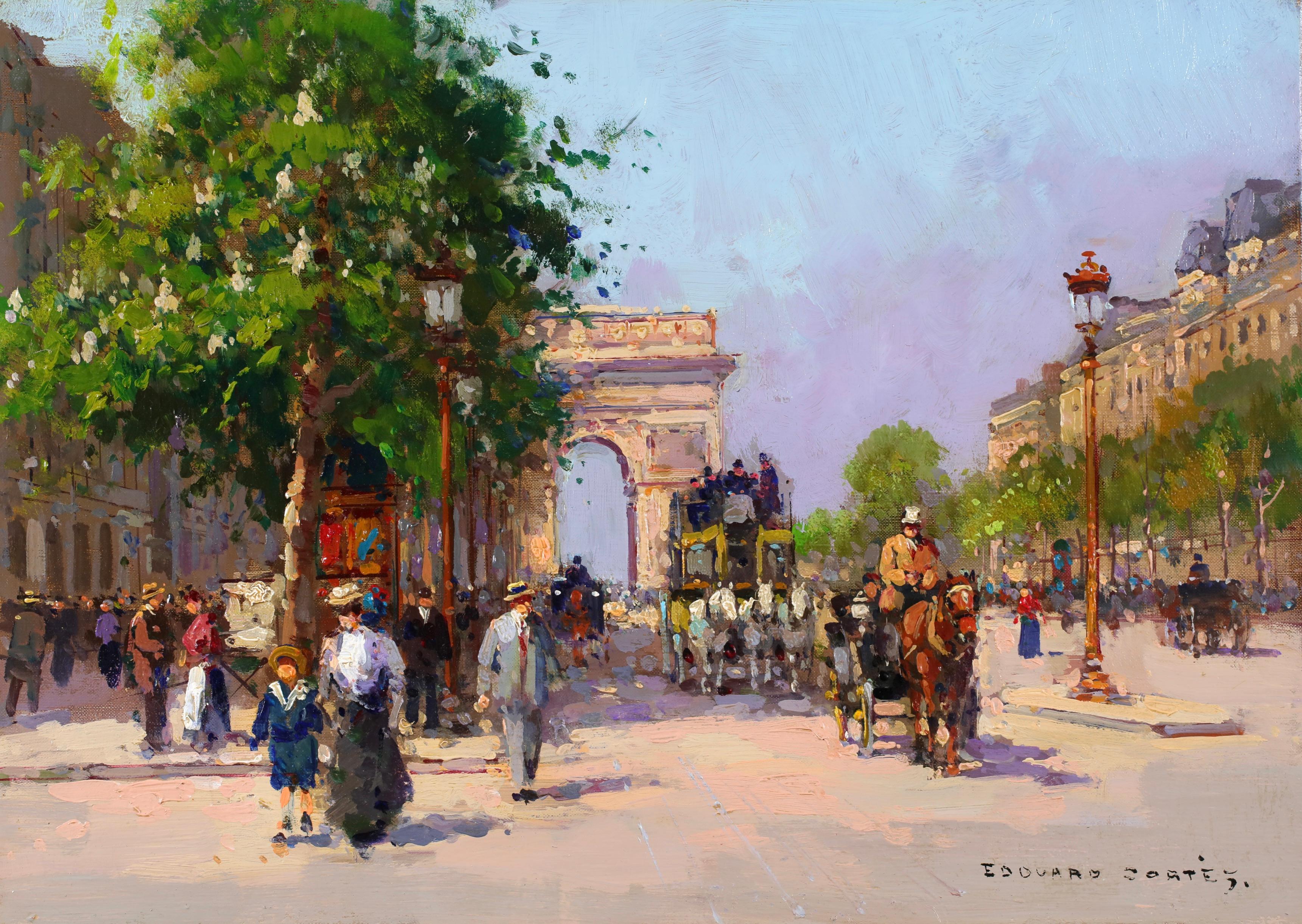 L'avenue des Champs-Elysees - Óleo figurativo impresionista de Edouard Cortes - Painting de Édouard Leon Cortès