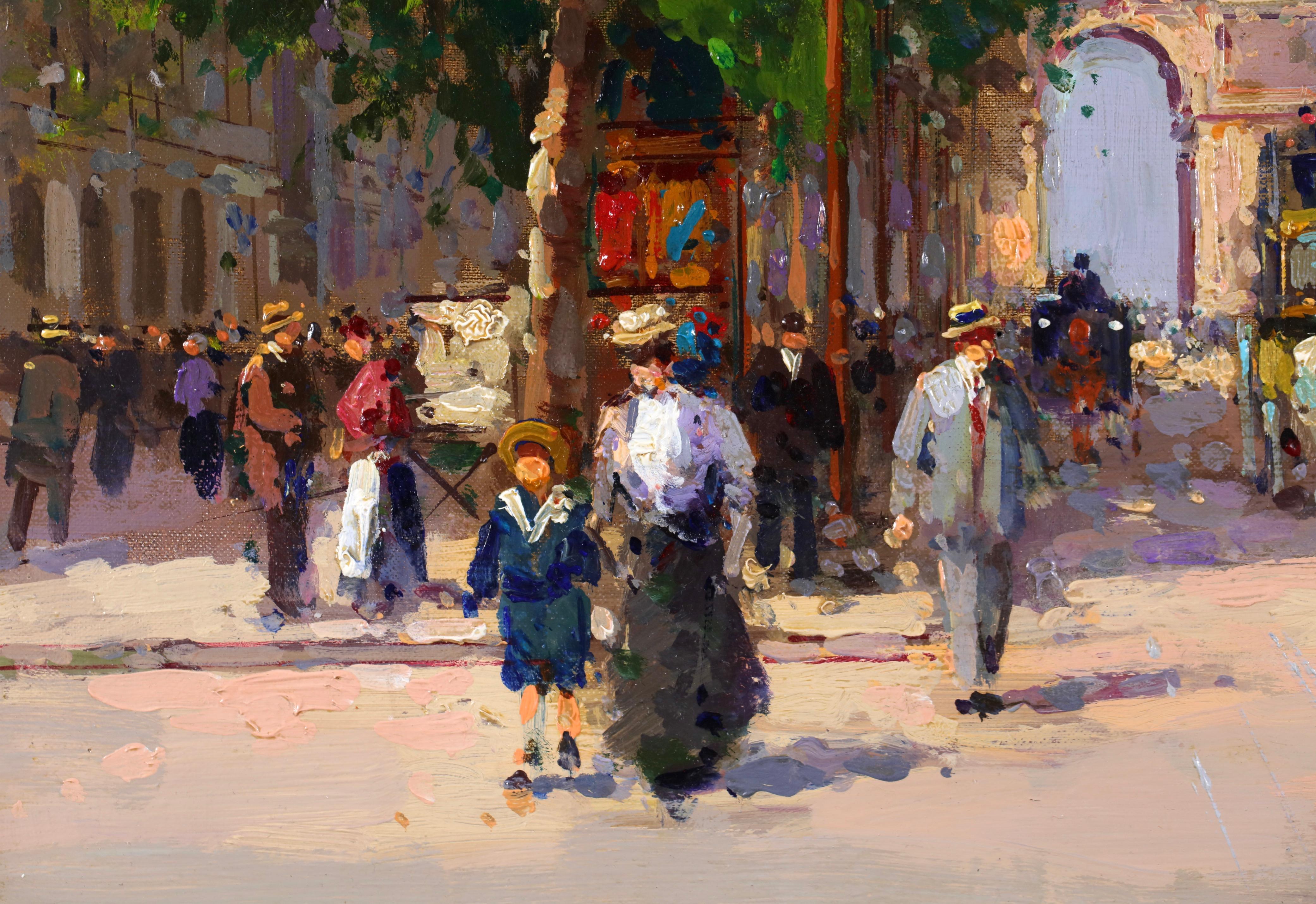 L'avenue des Champs-Elysees - Óleo figurativo impresionista de Edouard Cortes - Landscape Painting Marrón de Édouard Leon Cortès