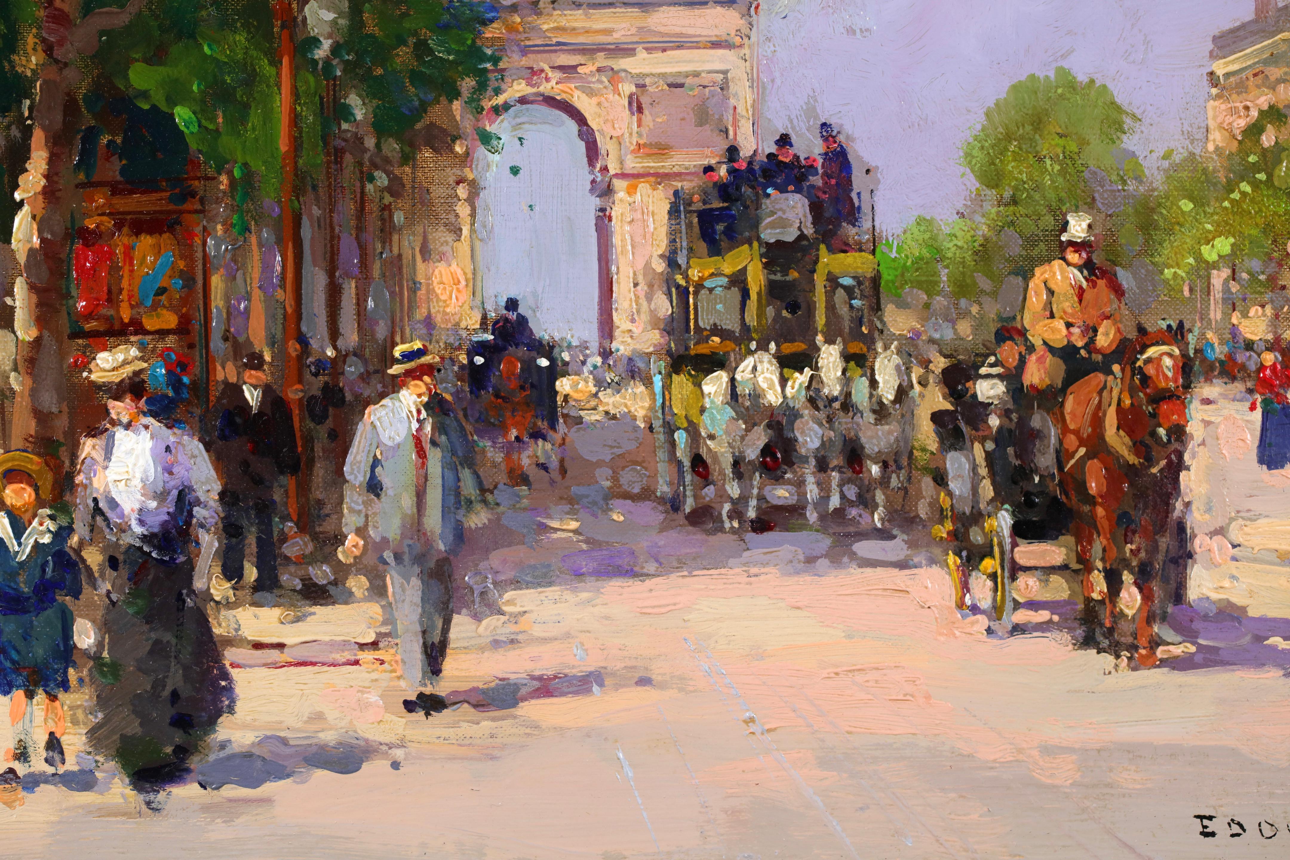 Figuras firmadas en un paisaje urbano, óleo sobre lienzo, alrededor de 1950, del cotizado pintor impresionista francés Edouard Cortes. Esta impresionante obra, maravillosamente coloreada, representa una vista de la Avenida de los Campos Elíseos. Es