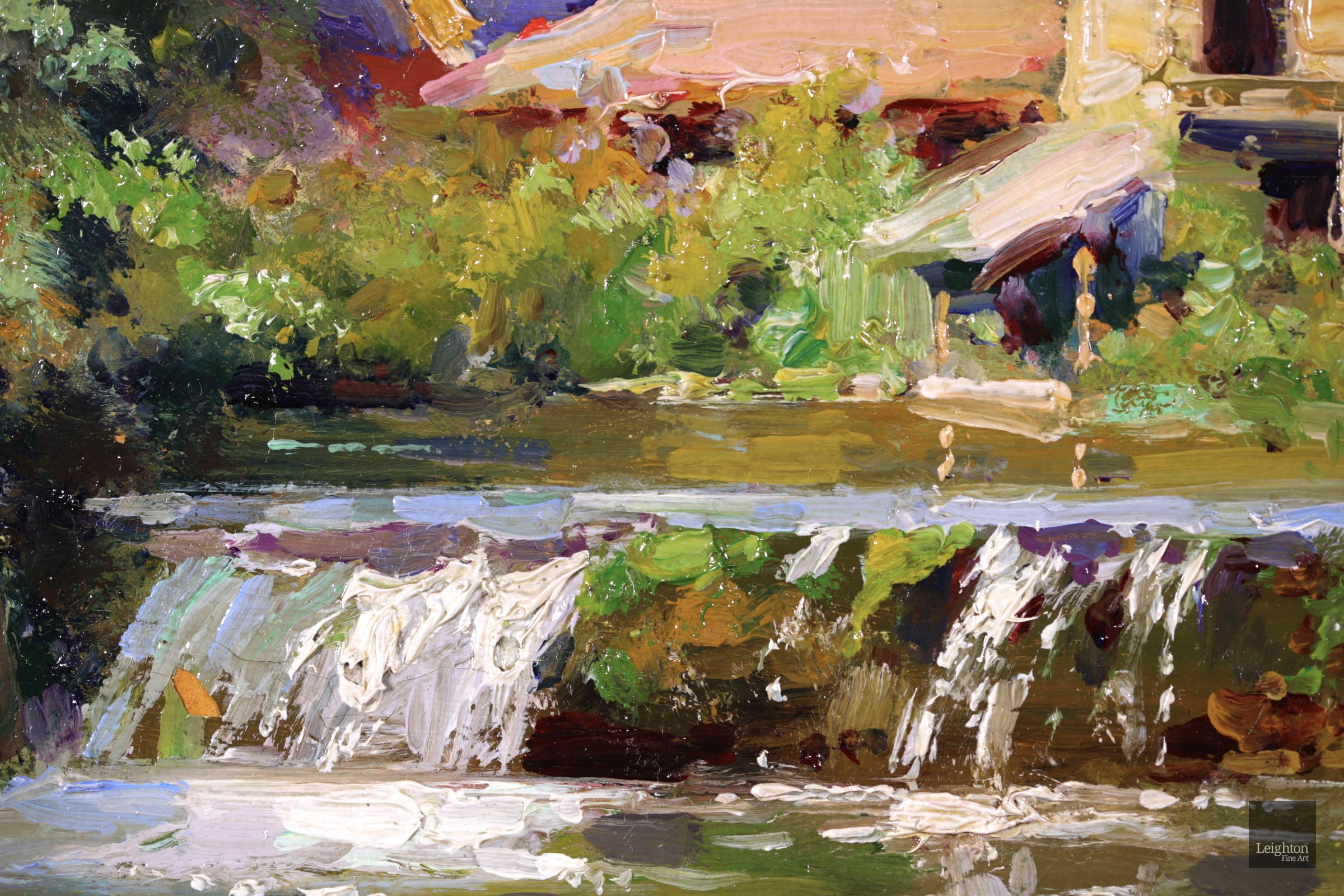 Le Moulin de Verneuil - Impressionist Oil, River Landscape by Edouard Cortes - Brown Figurative Painting by Édouard Leon Cortès