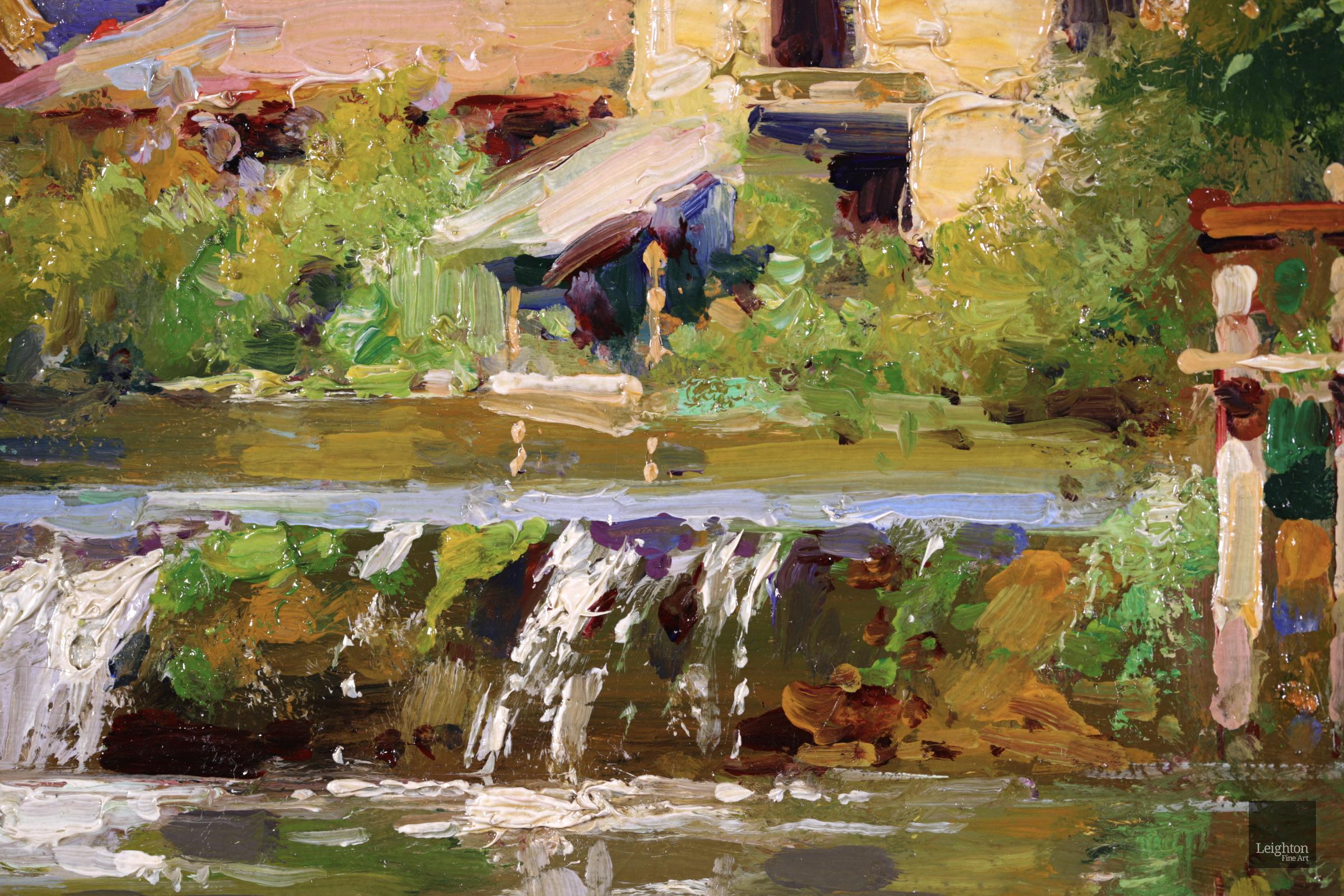 Signed landscape oil on canvas circa 1920 by French impressionist painter Edouard Cortes. This stunning and wonderfully coloured work depicts a view of a watermill at Verneuil in Normandy, France on a sunny summer's day. The running water glistens