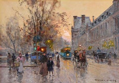 Le Quai du Louvre - Impressionist Figures in Landscape Oil by Edouard Cortes