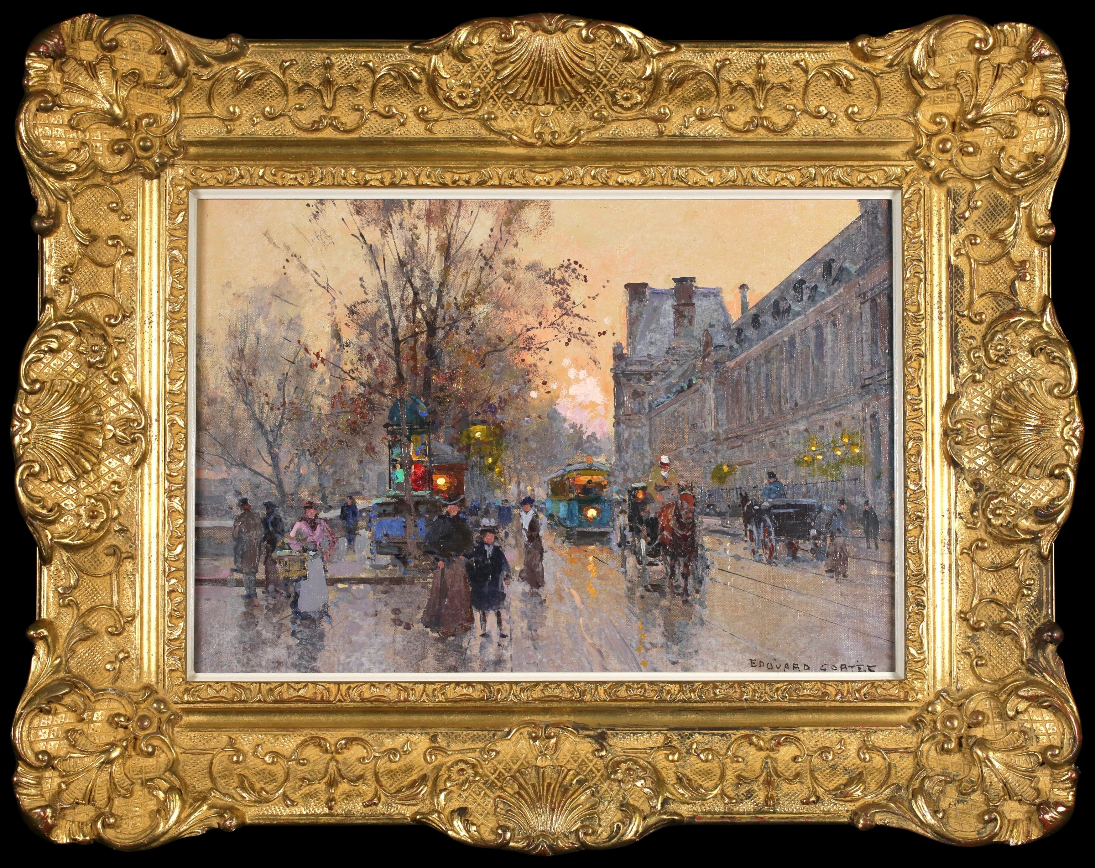 Le Quai du Louvre - Impressionistische Figuren in Landschaft Öl von Edouard Cortes