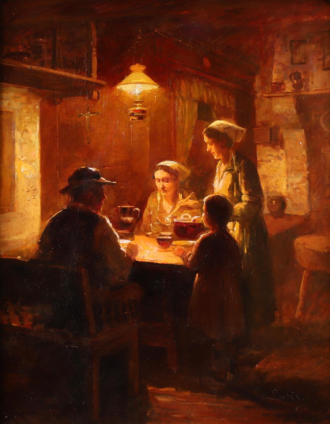 Le Souper en Famille - Impressionist Oil, Figures in Interior by Edouard Cortes - Painting by Édouard Leon Cortès