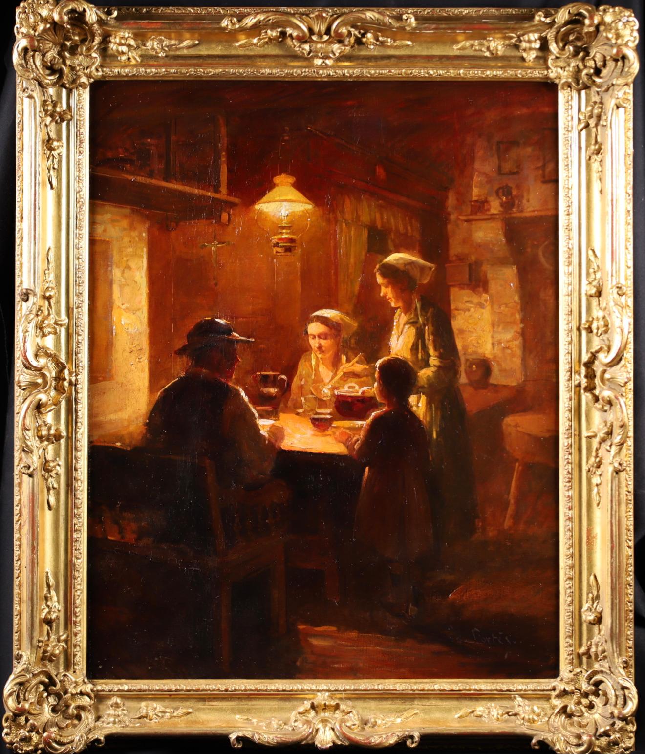 Édouard Leon Cortès Interior Painting - Le Souper en Famille - Impressionist Oil, Figures in Interior by Edouard Cortes