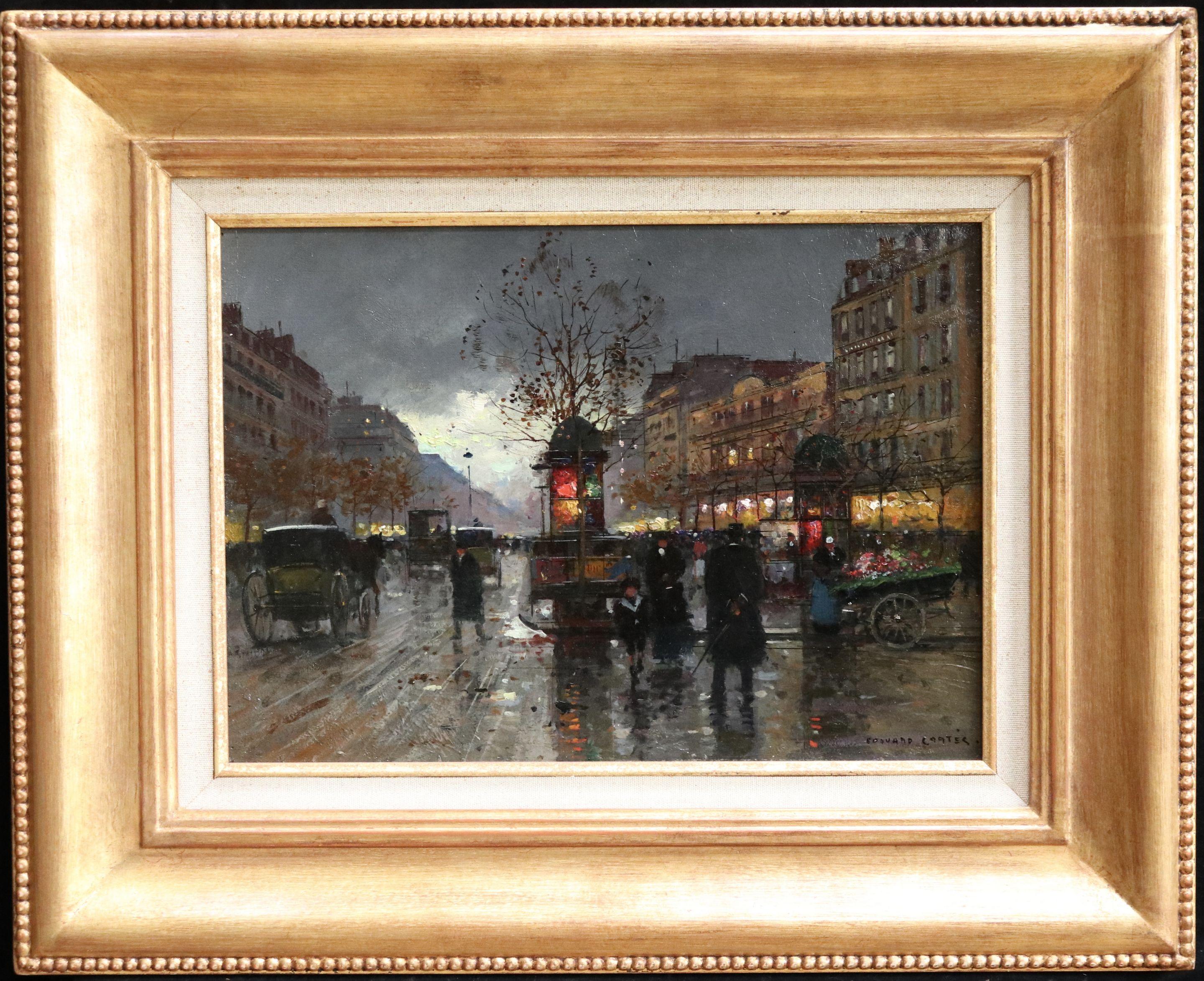 Les Grands Boulevards - 20th Century Oil, Figures in Cityscape by Edouard Cortes - Painting by Édouard Leon Cortès