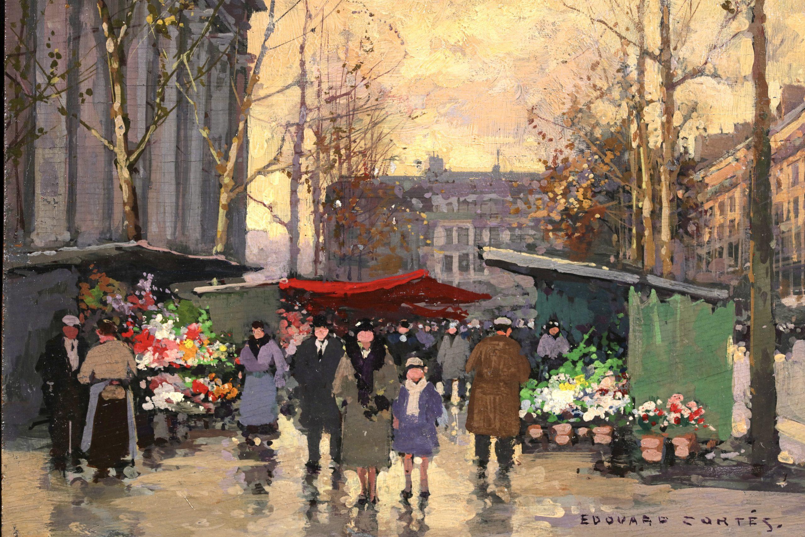 Marche Aux Fleurs - Figure impressioniste in un paesaggio ad olio di Edouard Cortes - Painting Impressionismo di Édouard Leon Cortès