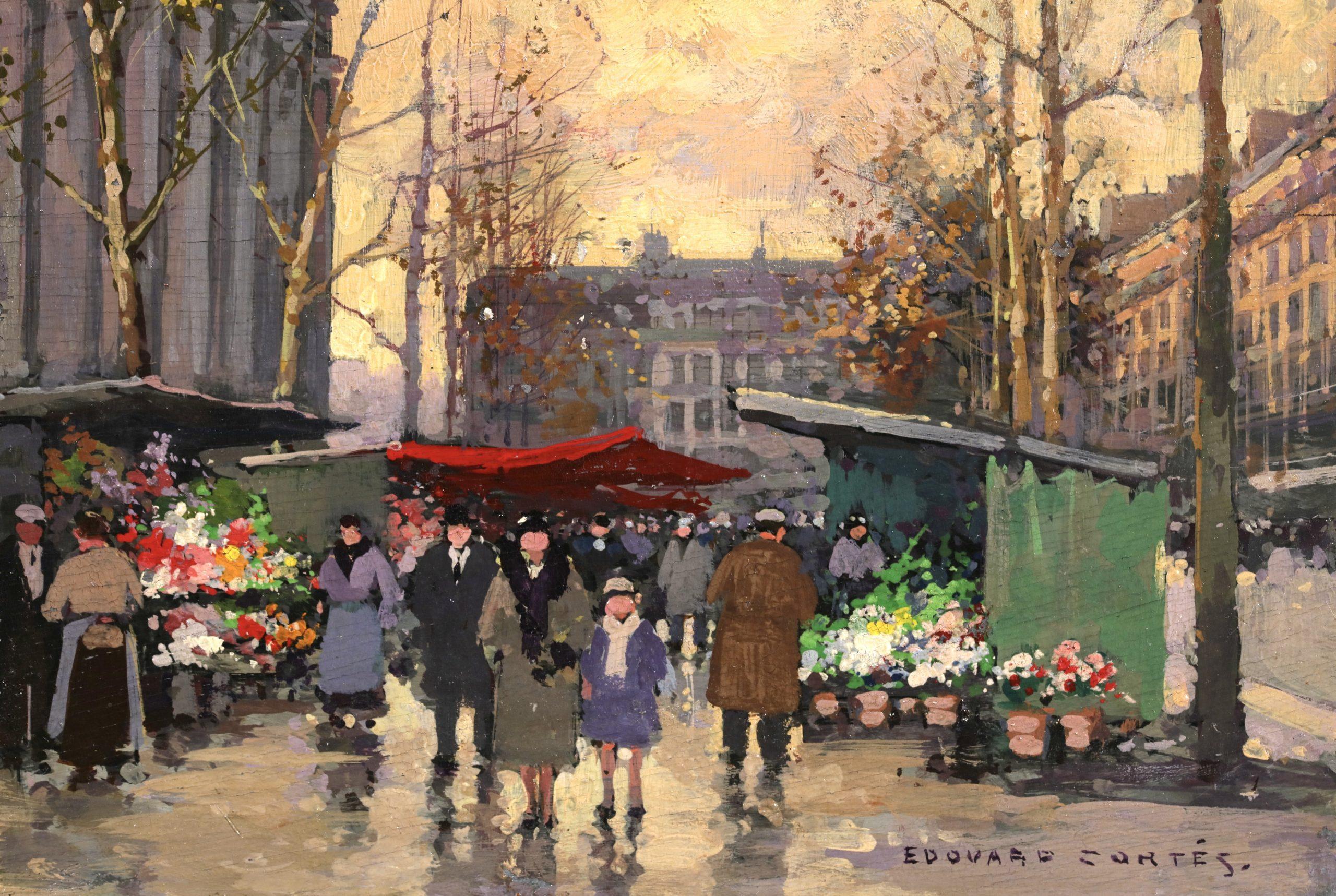 Marche Aux Fleurs - Figure impressioniste in un paesaggio ad olio di Edouard Cortes - Landscape Painting Marrone di Édouard Leon Cortès