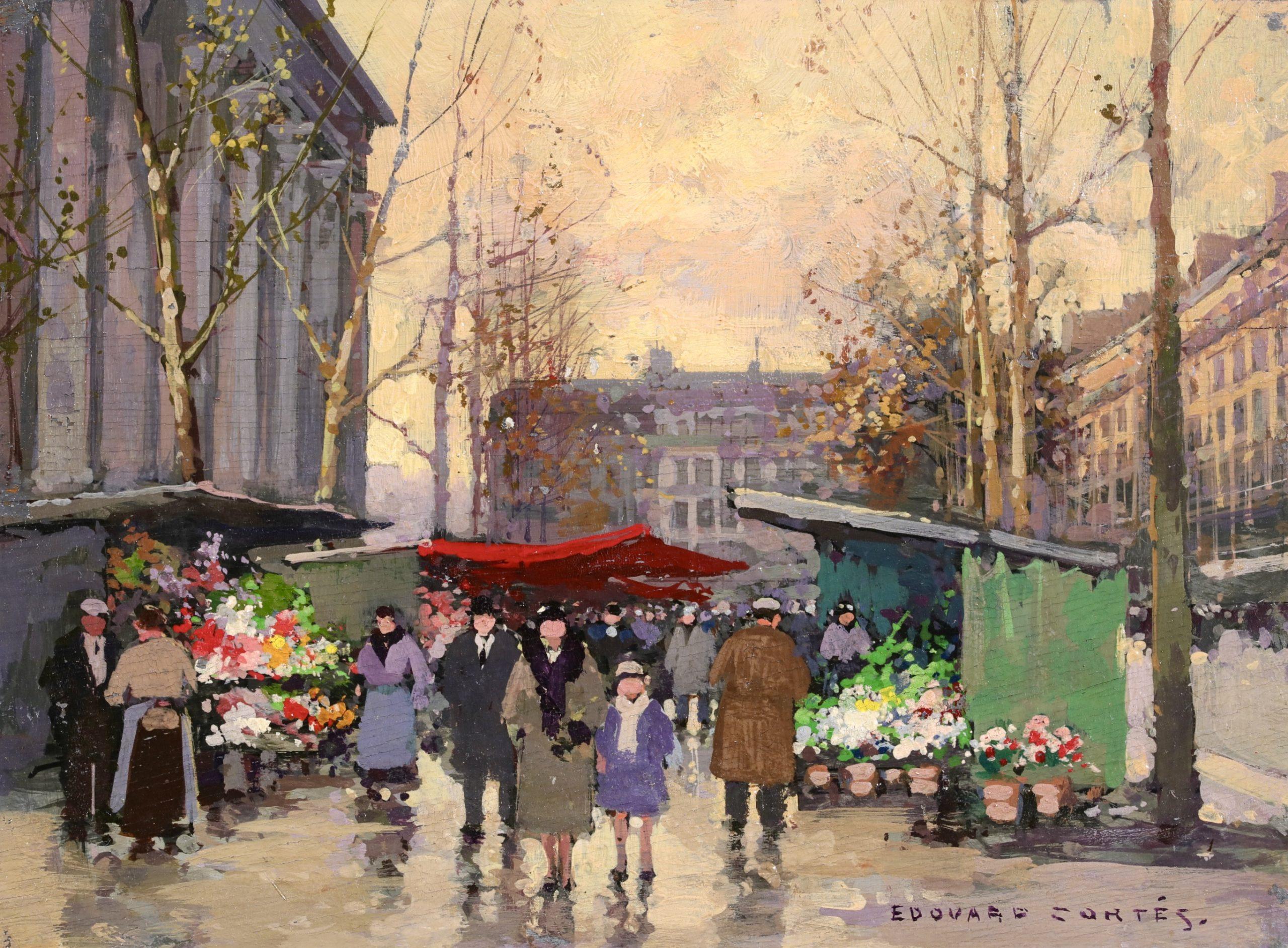 Marche Aux Fleurs - Figure impressioniste in un paesaggio ad olio di Edouard Cortes - Painting di Édouard Leon Cortès