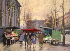 Marche Aux Fleurs - Impressionist Figures in Landscape Oil by Edouard Cortes