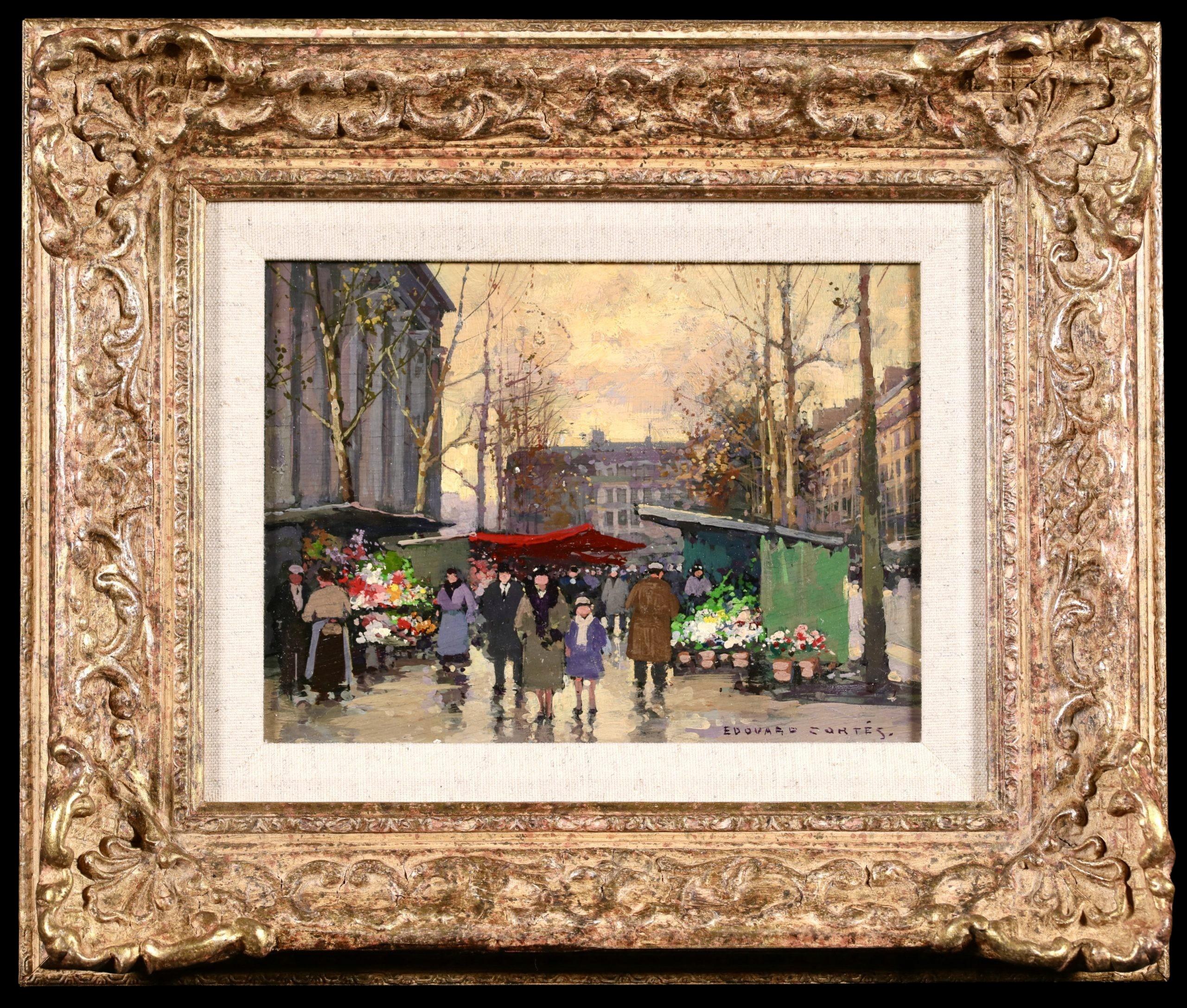 Landscape Painting di Édouard Leon Cortès - Marche Aux Fleurs - Figure impressioniste in un paesaggio ad olio di Edouard Cortes
