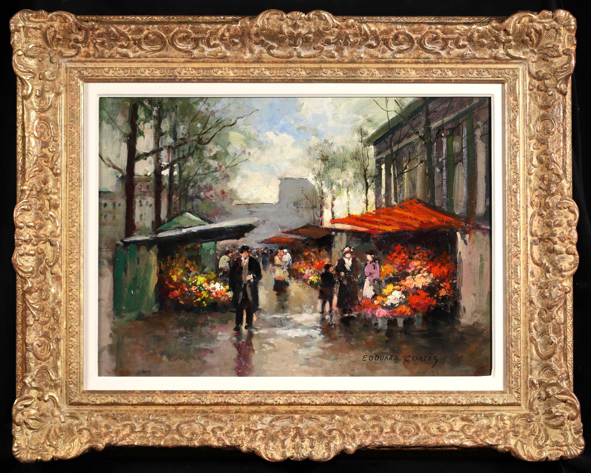 Marché aux Fleurs - Peinture à l'huile impressionniste d'Edouard Cortes